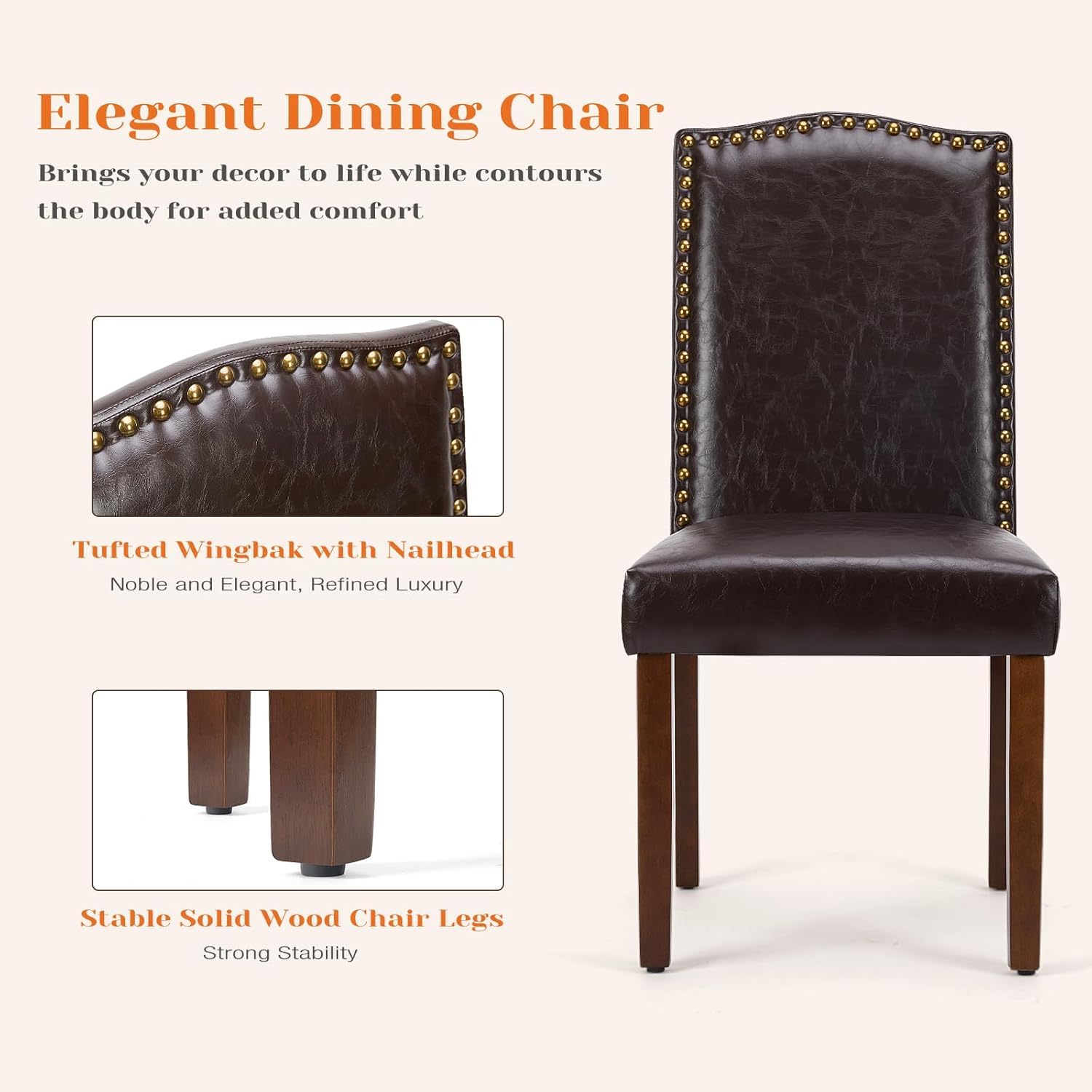 Set of 2 PU Leather Dining Chairs, Nailhead Trim, Mid-Century High-End Side Chairs with Wood Legs
