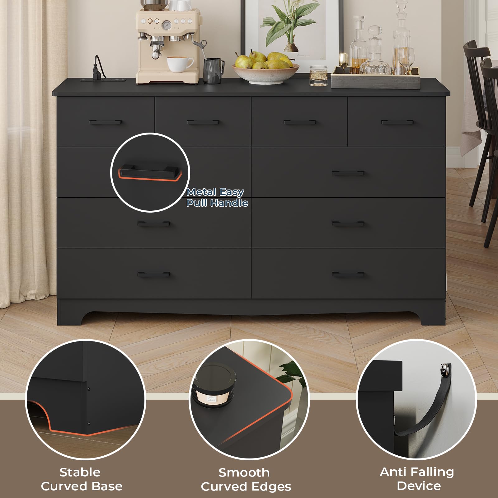 10-Drawer Black Dresser – Large Bedroom Storage Organizer with Power Outlets, Can Be Used as TV Stand, 55.1" Wide