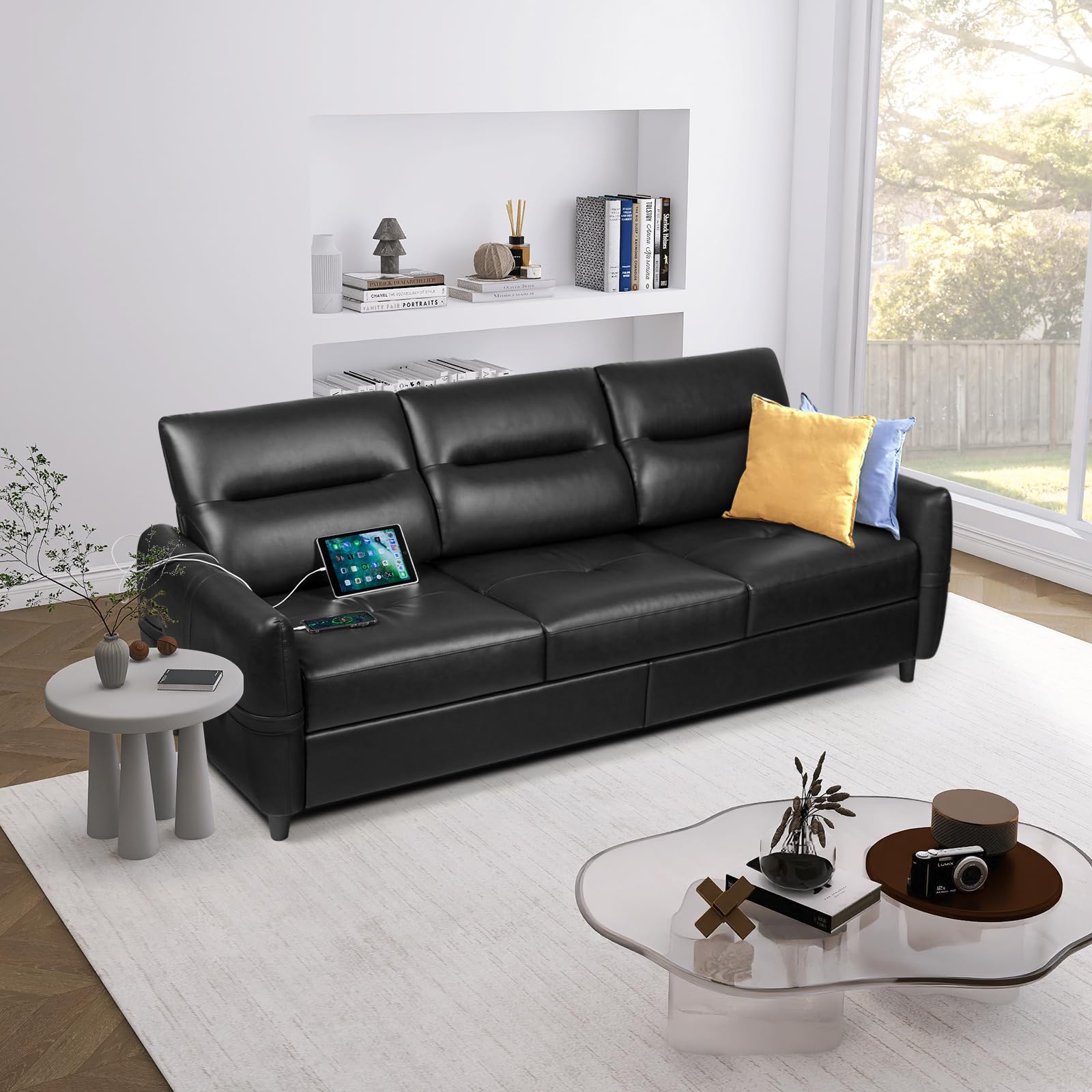 85” Black Faux Leather Couch with USB, Mid-Century 3-Seater Sofa for Living Room, Office, Apartment, Modern Design