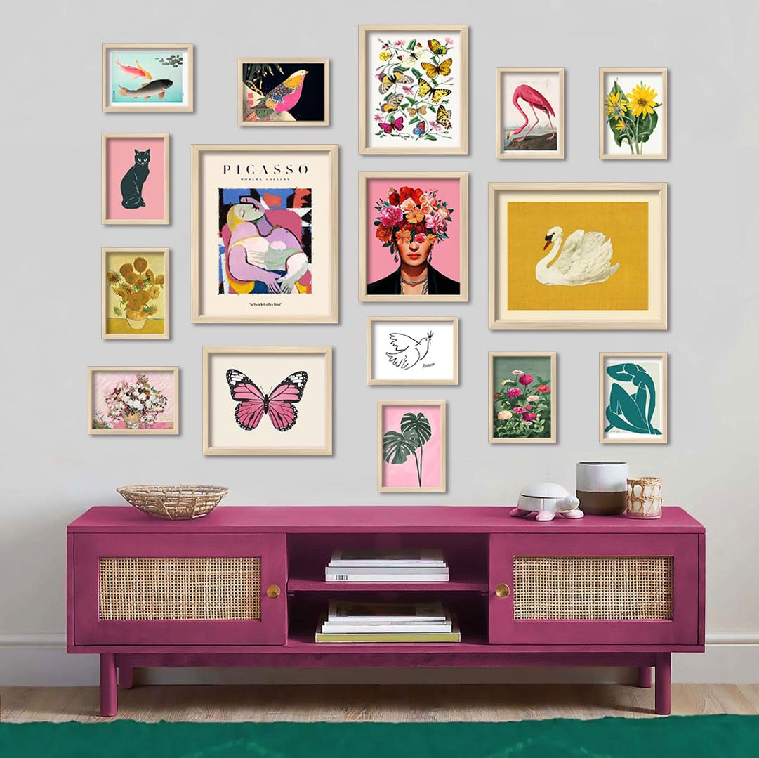 16-Piece Framed Eclectic Wall Art Set – Colorful Maximalist Prints for Bedroom, Dorm, Living Room, or Gallery