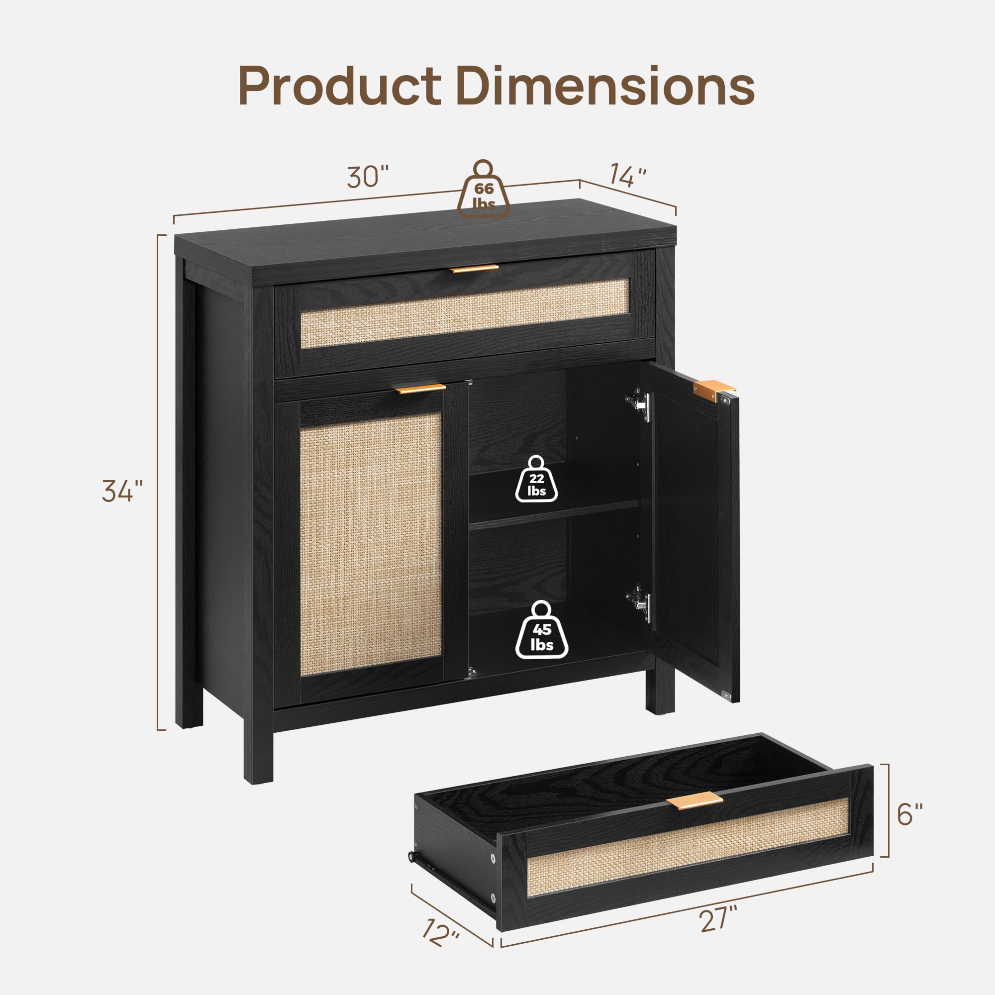FURNIXI Sideboard Buffet Storage Cabinet Set of 2, Black Rattan Credenza Console with Drawer & Doors, Coffee Bar for Entryway Kitchen