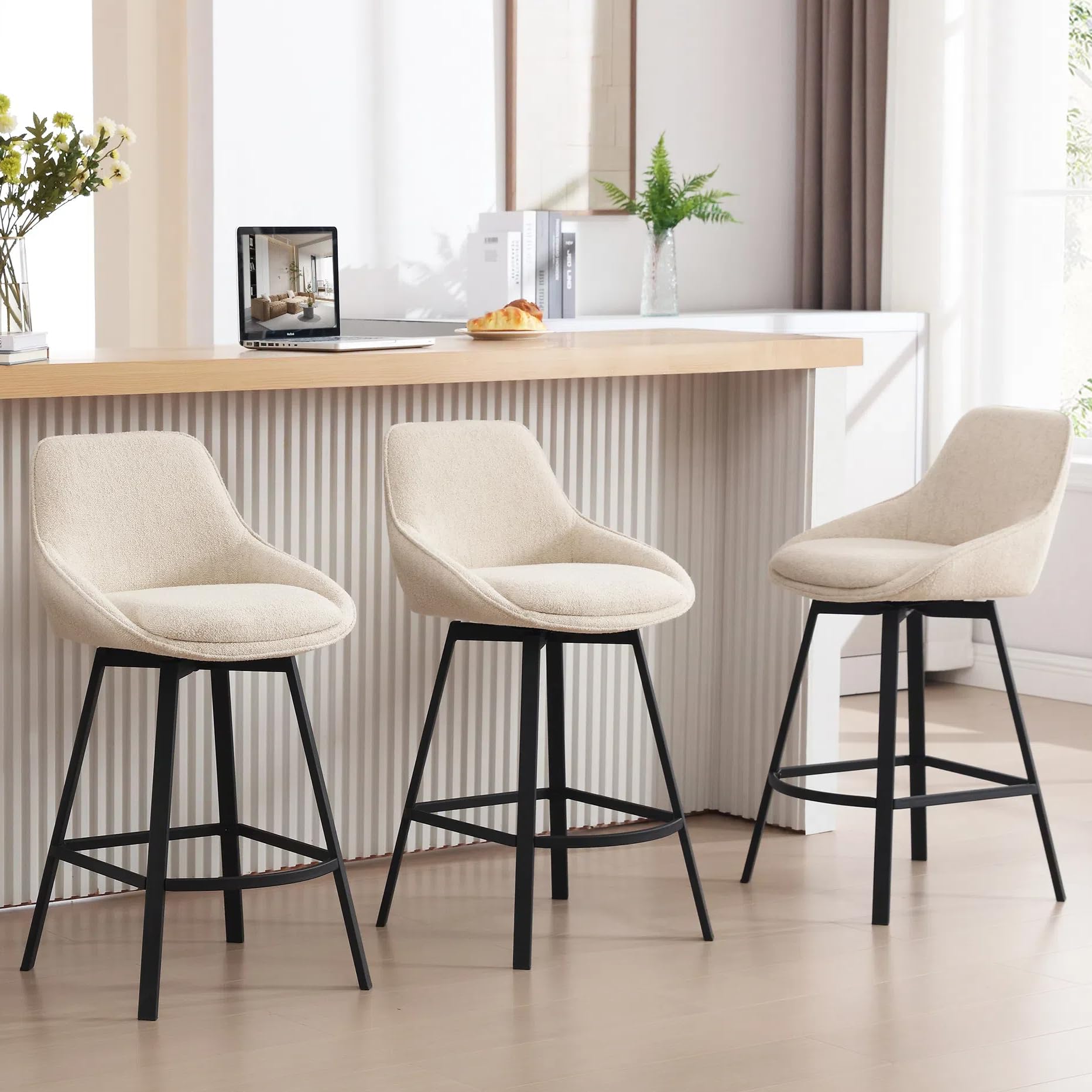 Swivel Bar Stools Set of 3, Modern 26'' Upholstered Counter Height Barstools with Backs and Metal Legs for Kitchen Island, Beige