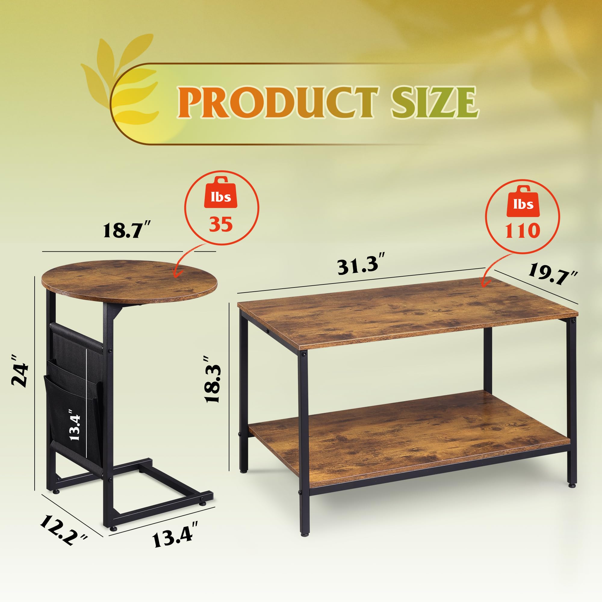 Coffee Table Set, 31.3" & 18.7" Living Room Tables with Storage Side Pouch, Rustic Brown Center & Side Table Combo