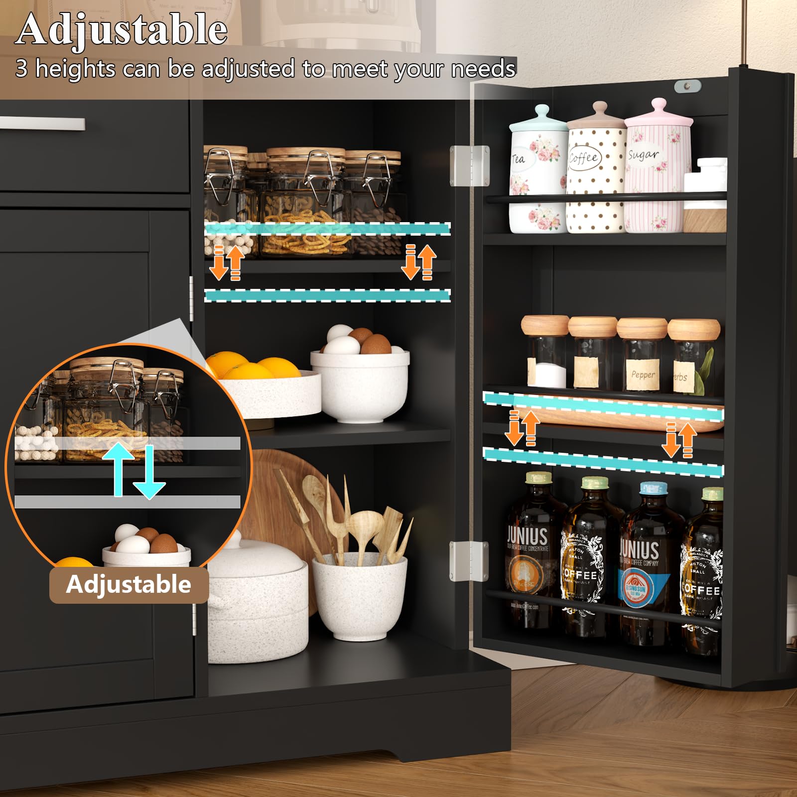 FURNIXI Pantry Storage Cabinet with Drawers, Black Tall Hutch with Microwave Shelf, Goblet Holders, Adjustable Shelves for Kitchen