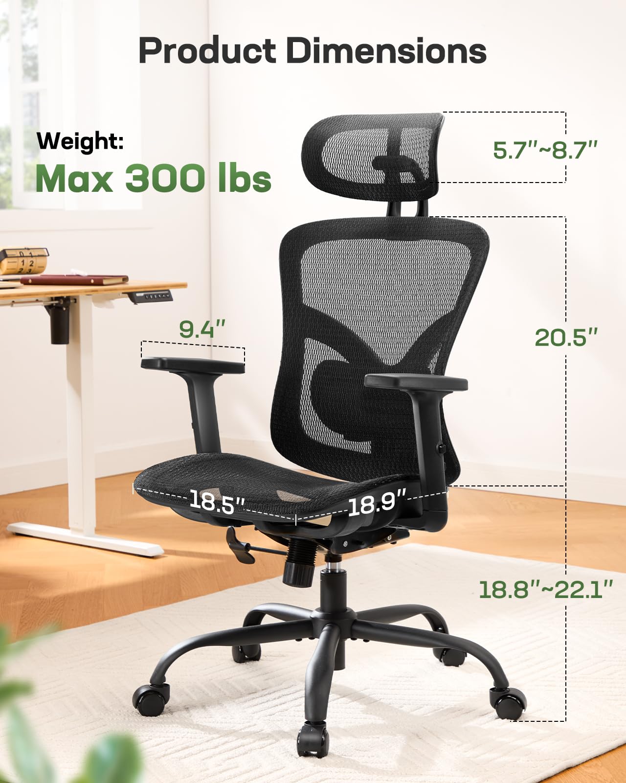 Ergonomic Mesh Desk Chair with Adjustable Lumbar Support, 2D Headrest & Armrests, Home Office Chair, Black