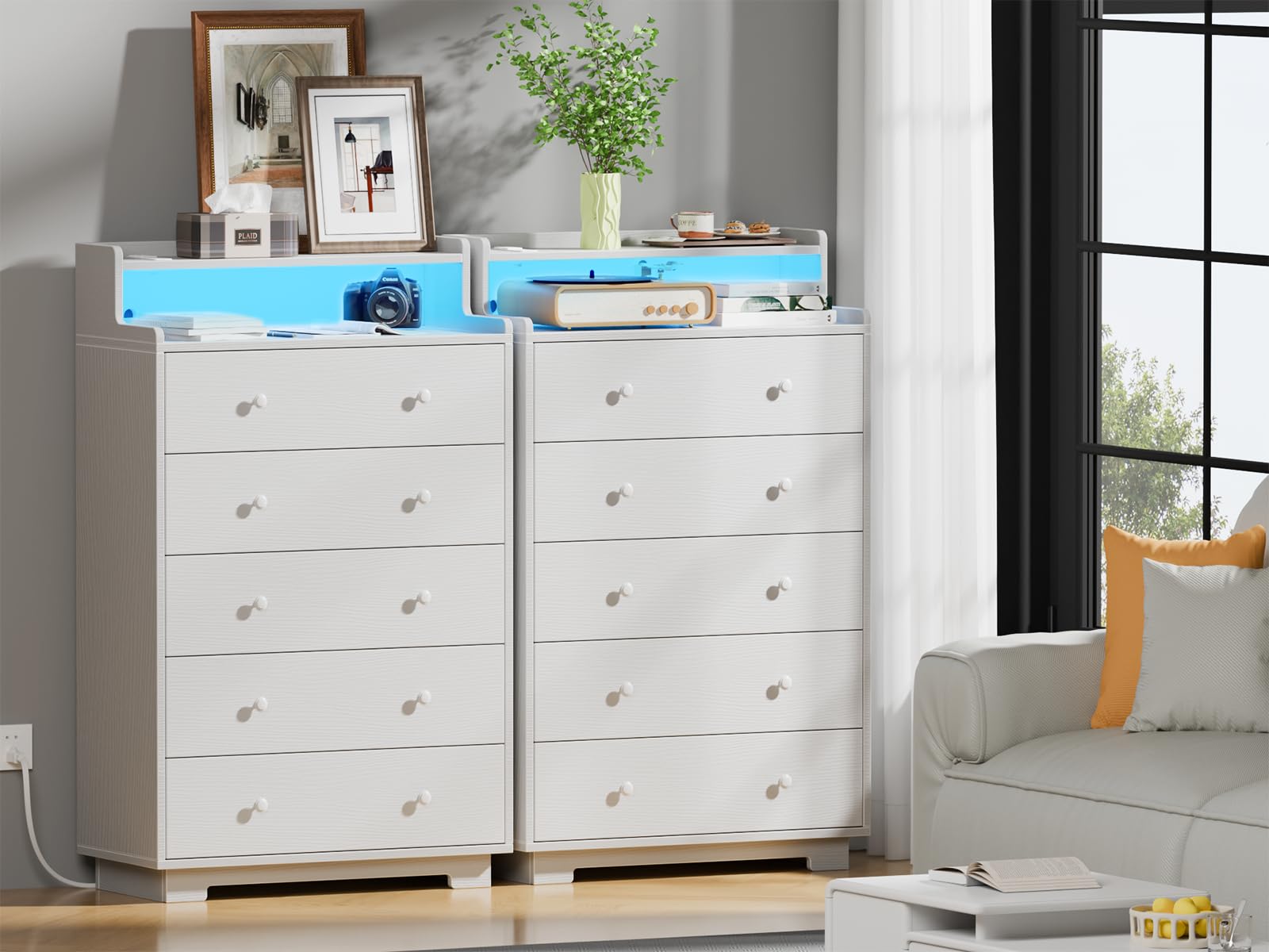 5-Drawer Tall Dresser with LED & Charging Station, White Wood Storage Chest for Bedroom, Closet, or Entryway