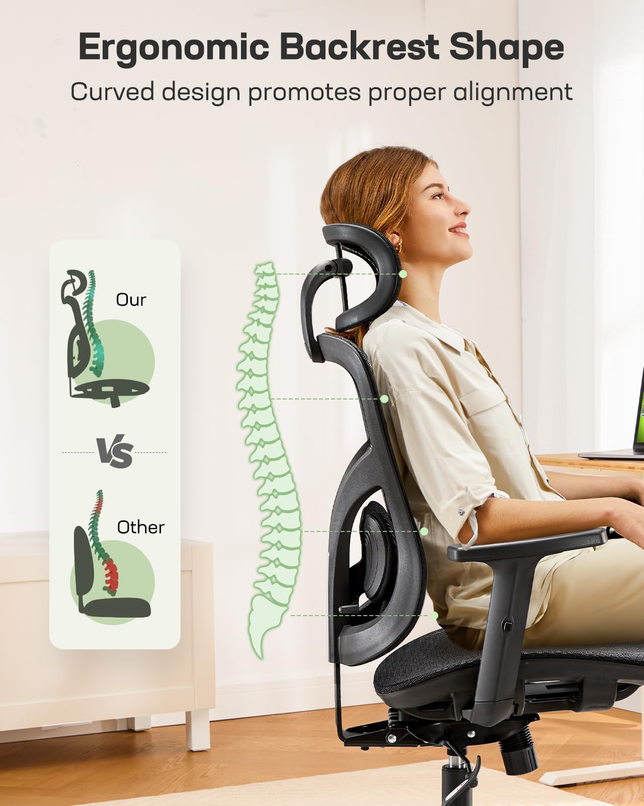 Ergonomic Mesh Desk Chair with Adjustable Lumbar Support, 2D Headrest & Armrests, Home Office Chair, Black