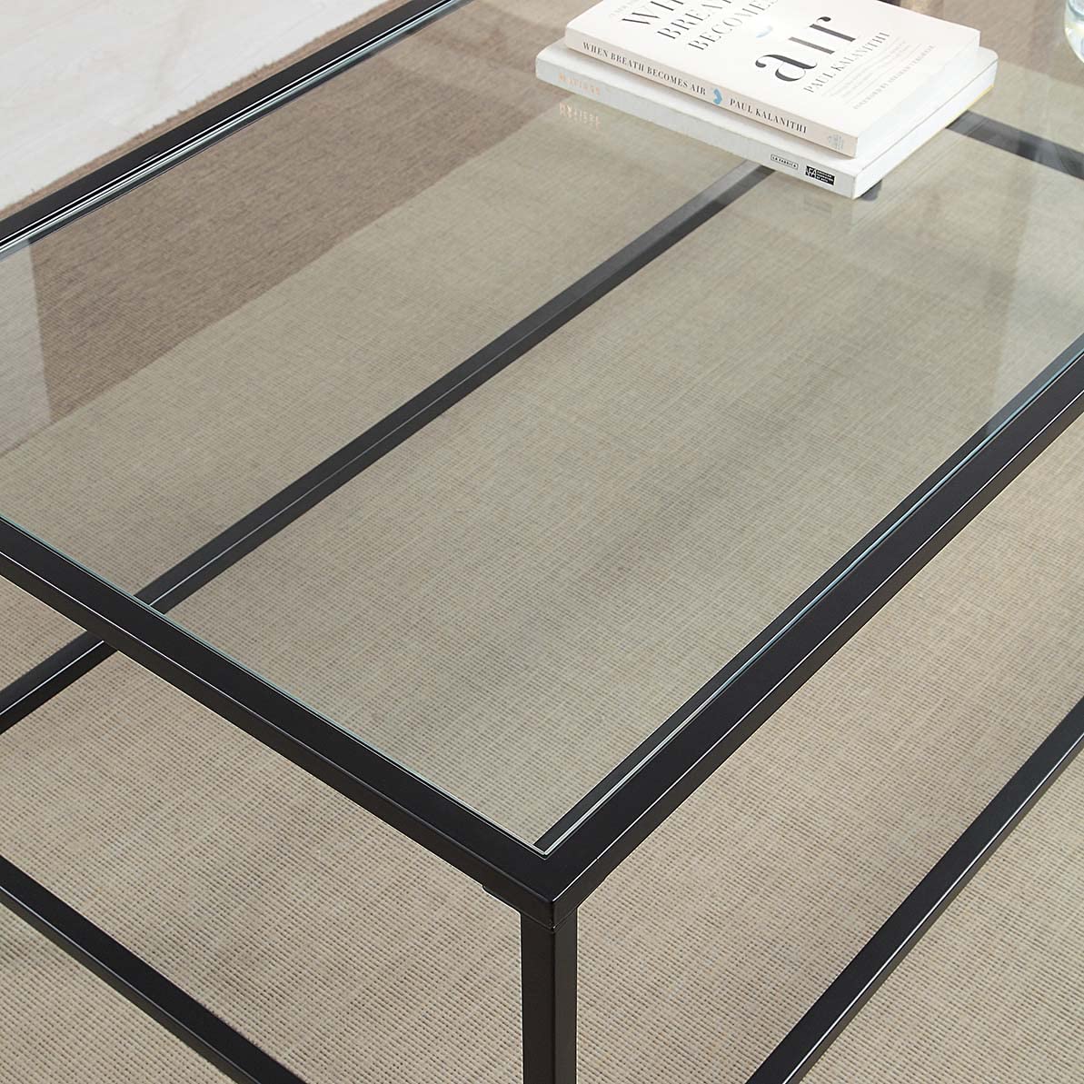 Black Coffee Table with Tempered Glass, Wide Rectangle Minimalist Center Table for Living Room, Office, Outdoor