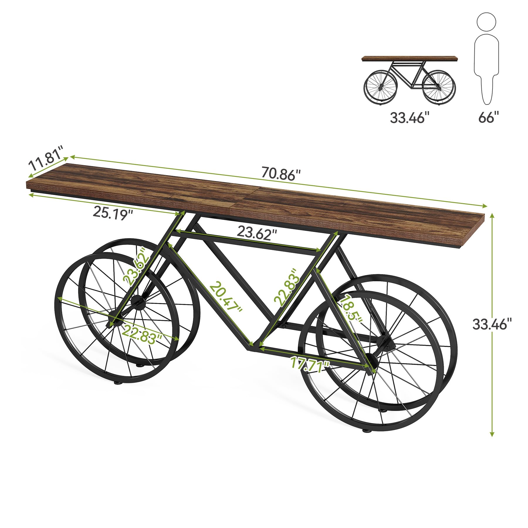 70.9" Extra Long Narrow Sofa Table, Farmhouse Console with Unique Bicycle Base for Living Room, Entryway, Rustic Brown