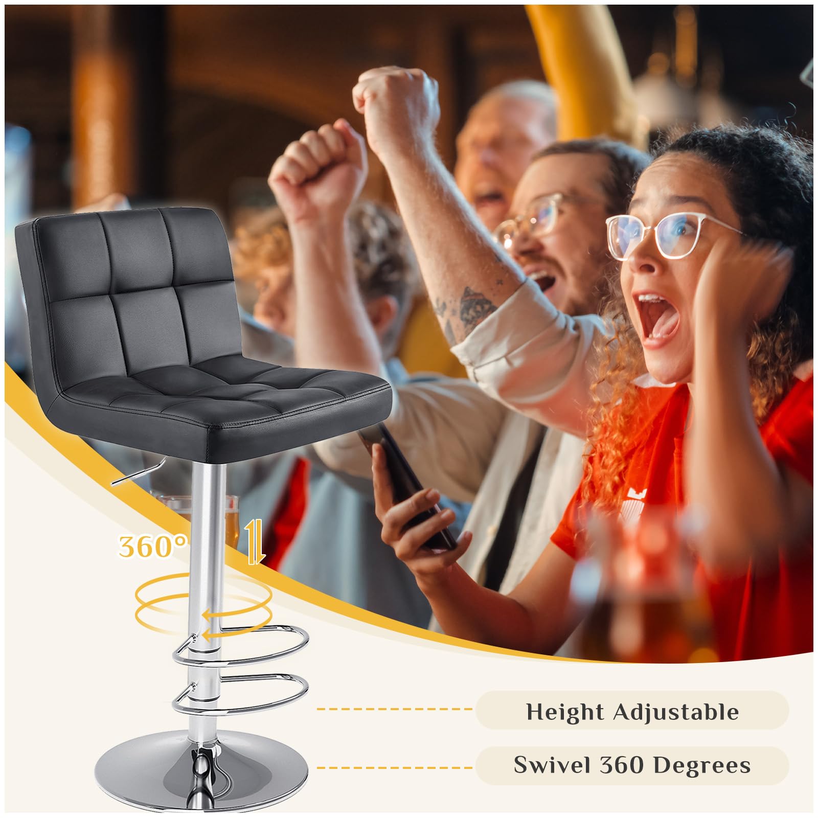 Bar Stools Set of 4, 24" PU Leather Saddle Stools with Metal Base, Counter Height Modern Bar Chairs for Kitchen Island, Black
