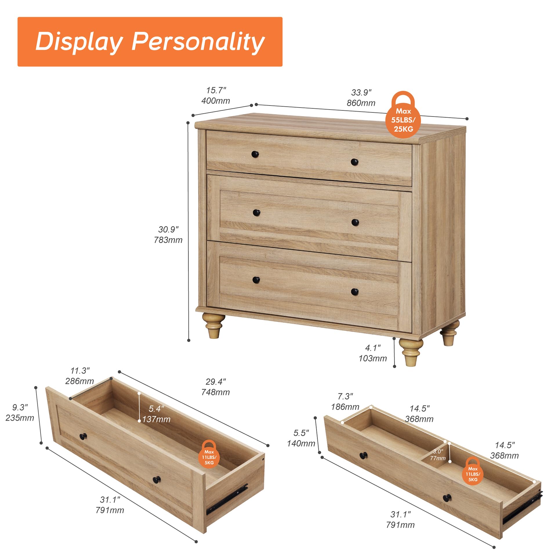 34” Oak Farmhouse Nightstand Set of 2, Large 3-Drawer Wood Bedside Tables for Living Room or Bedroom