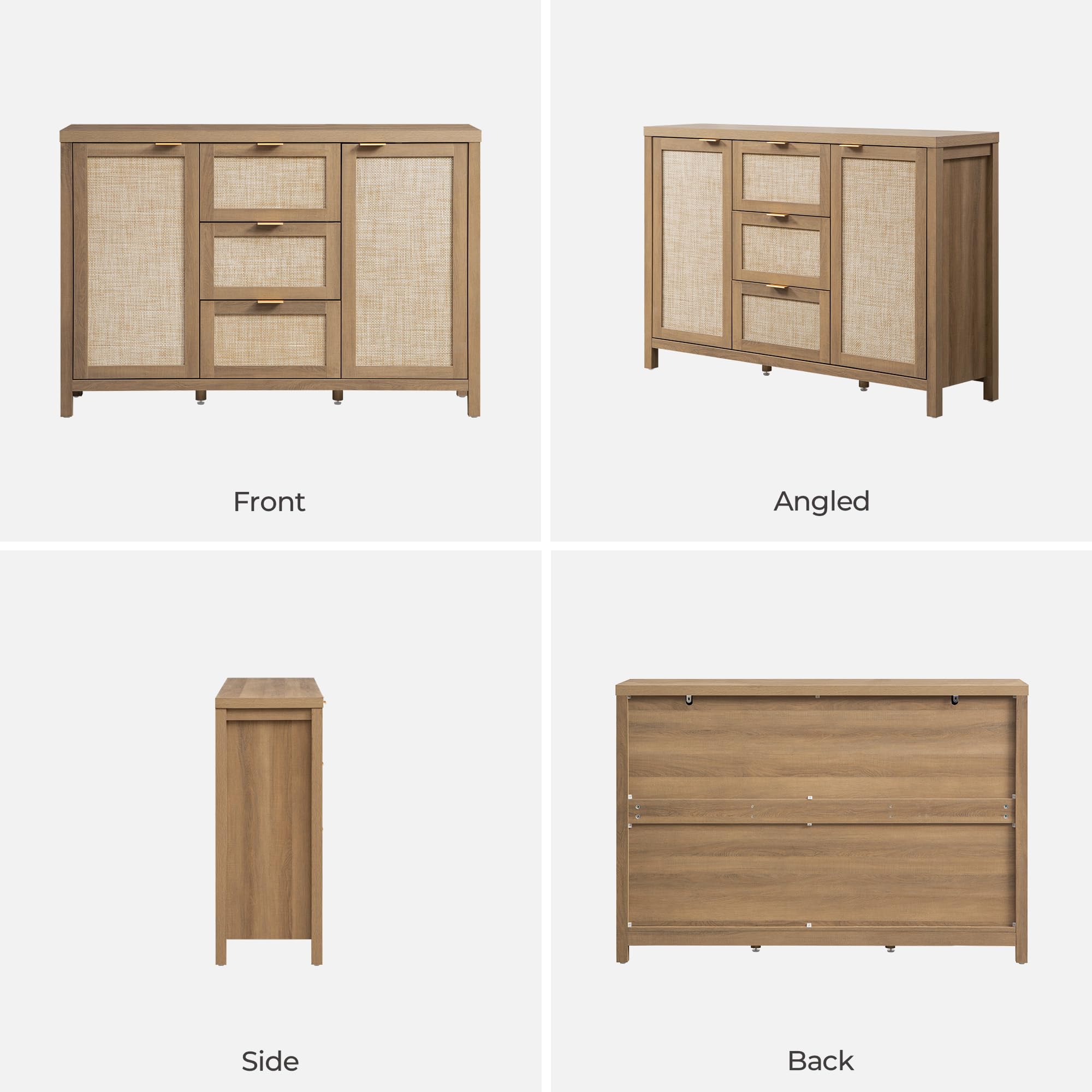 52" Rattan Sideboard Buffet Cabinet with 3 Drawers & 2 Doors, Boho Storage Console for Kitchen, Oak