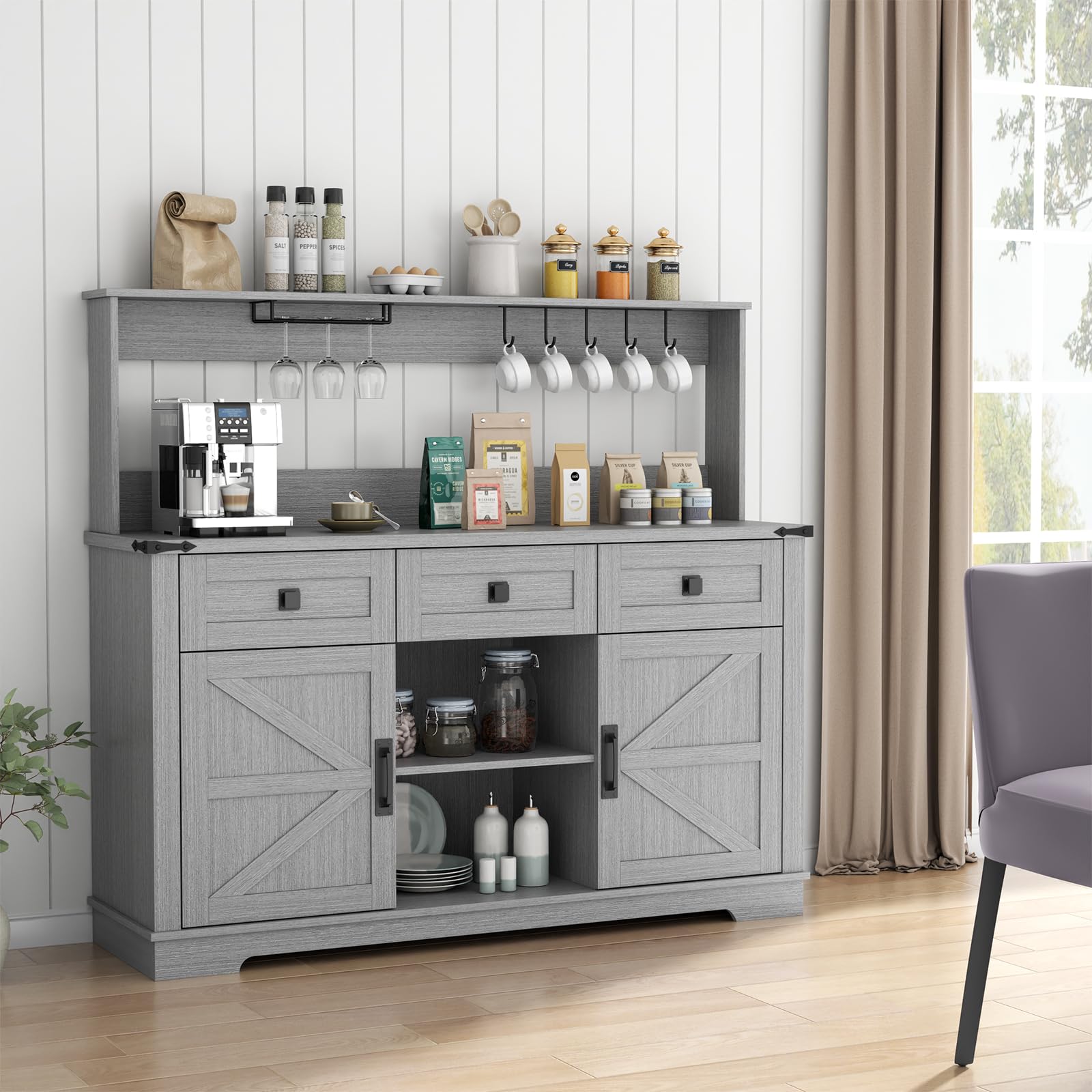 FURNIXI Grey Farmhouse Bar Cabinet with Hutch, Buffet Storage Unit with 3 Drawers, Cup Hooks, Goblet Holder for Kitchen Dining