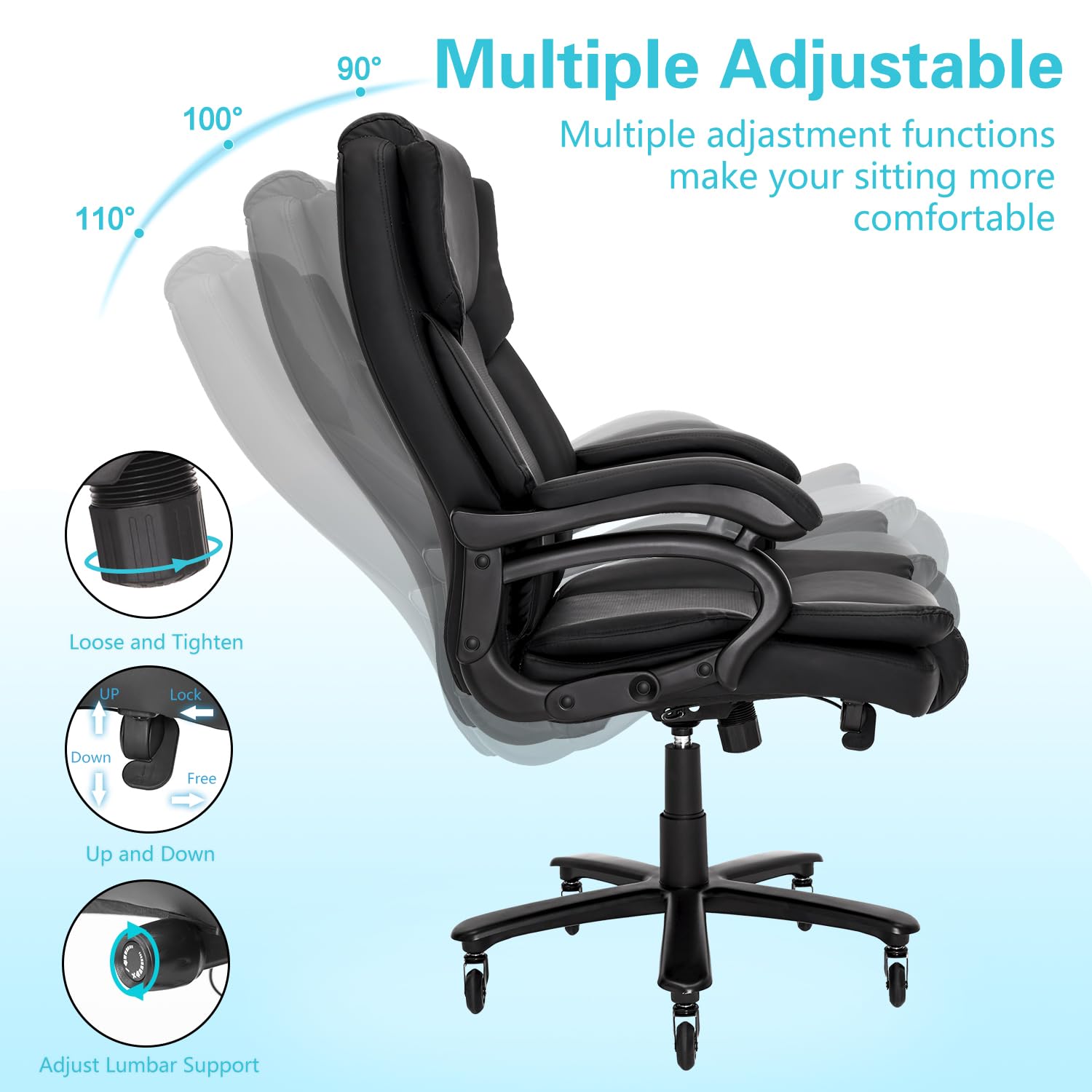 500lbs Big & Tall Office Chair, Heavy Duty High-Back Executive Desk Chair with Lumbar Support & Quiet Wheels