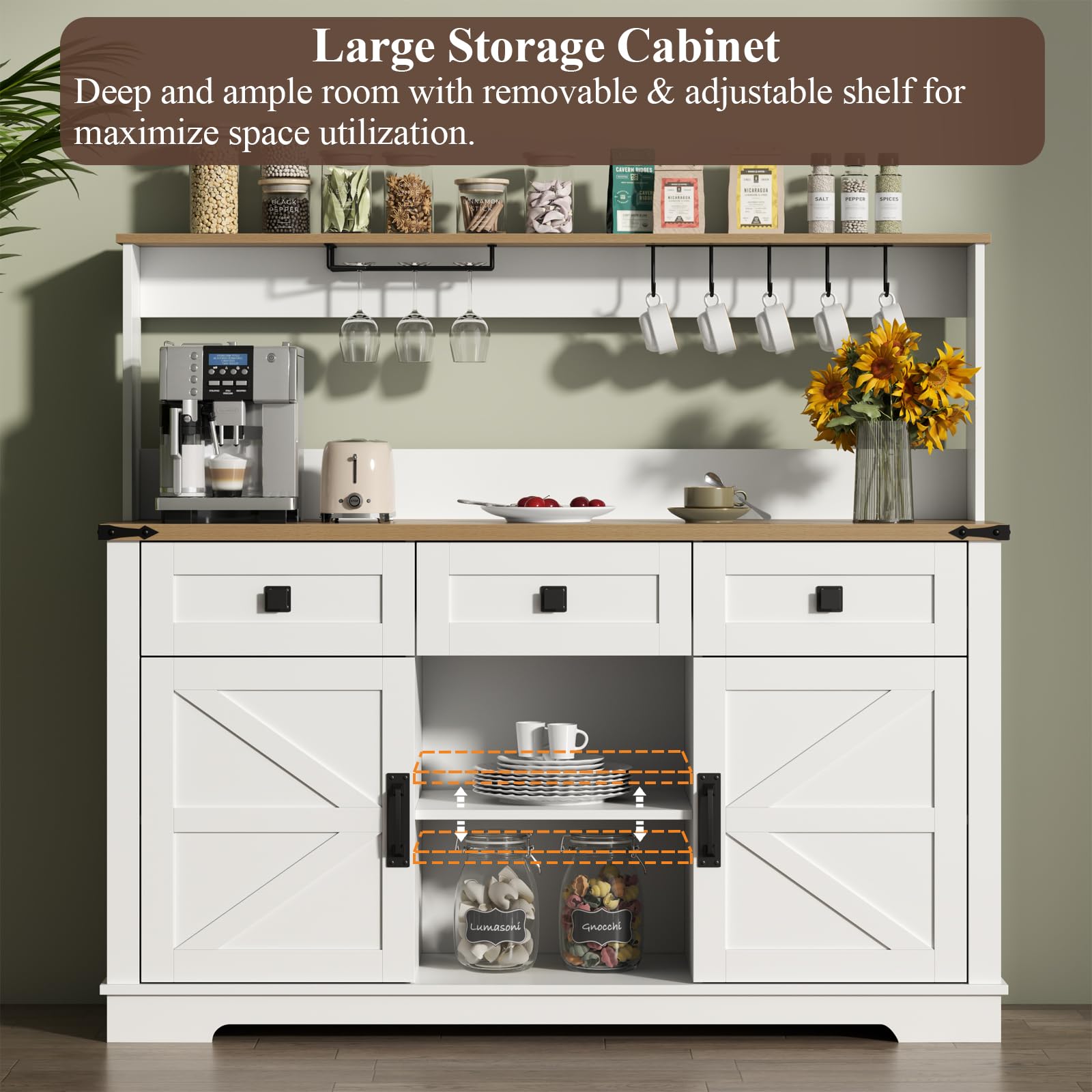 White Farmhouse Bar Cabinet with Hutch, Buffet Storage Unit with 3 Drawers, Goblet Holder, Cup Hooks for Dining Room
