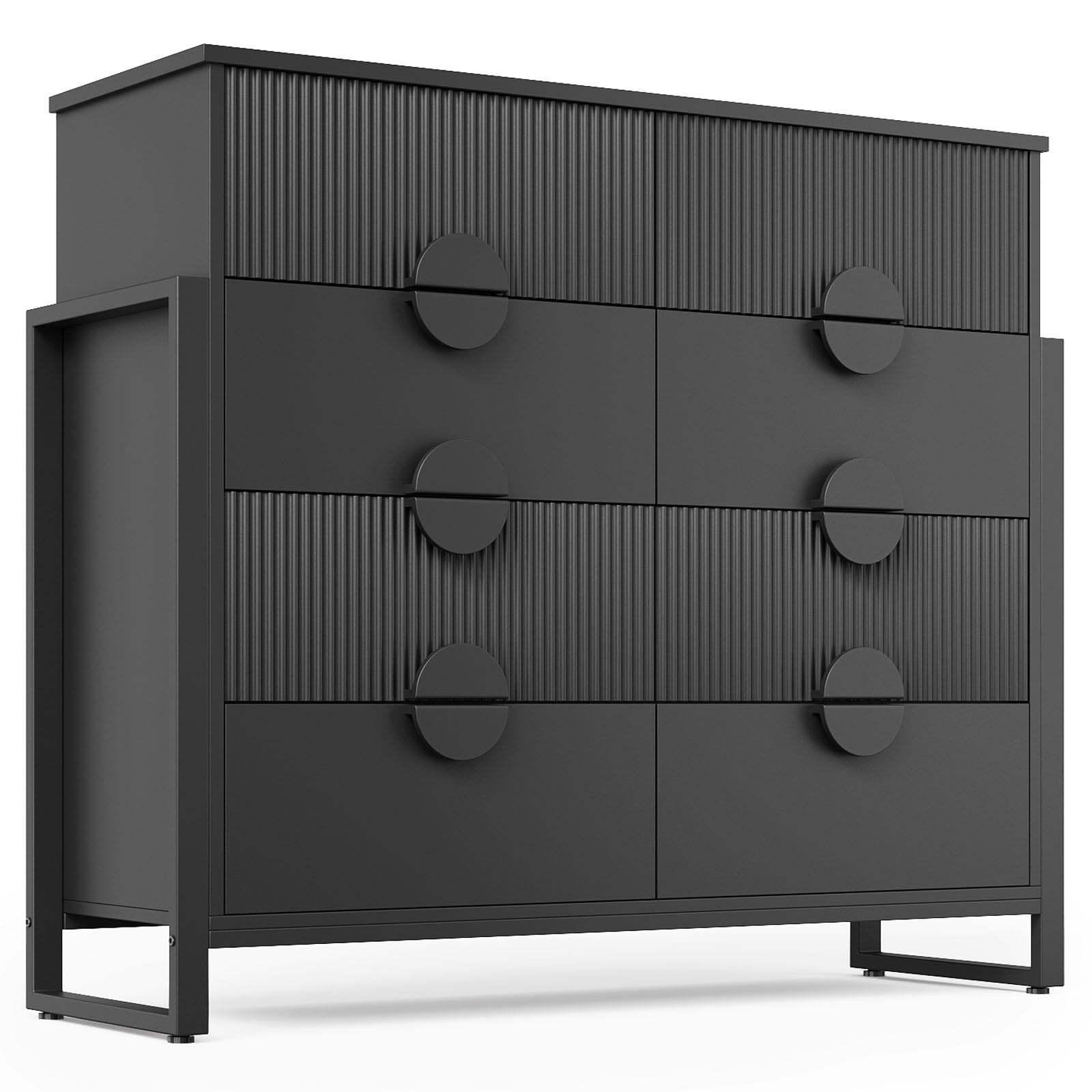 50" Fluted Black Dresser – Modern 8-Drawer Bedroom Chest with Curved Profile, Round Handles & Raised H-Legs