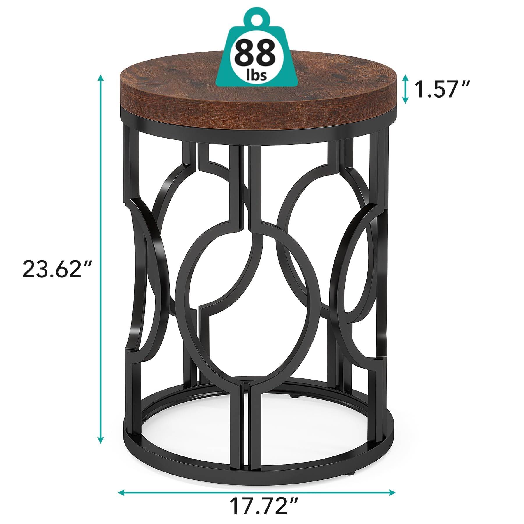 Round Rustic Brown End Table Set of 2, Industrial Side Tables with Metal Hollow Frame, Easy Assembly