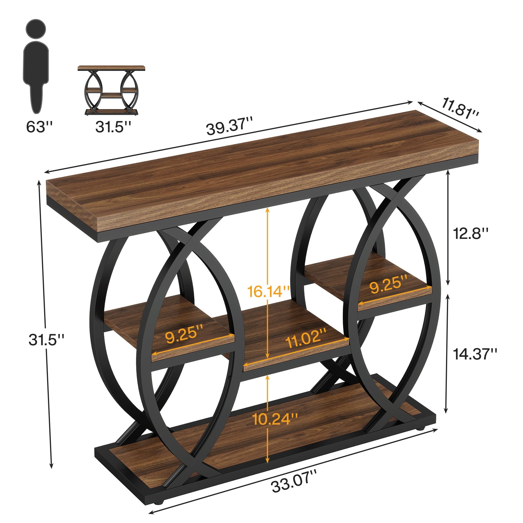39.4" Industrial Console Table, 4-Tier Narrow Sofa Entry Table with Storage Shelves, Wood & Metal Accent for Small Spaces