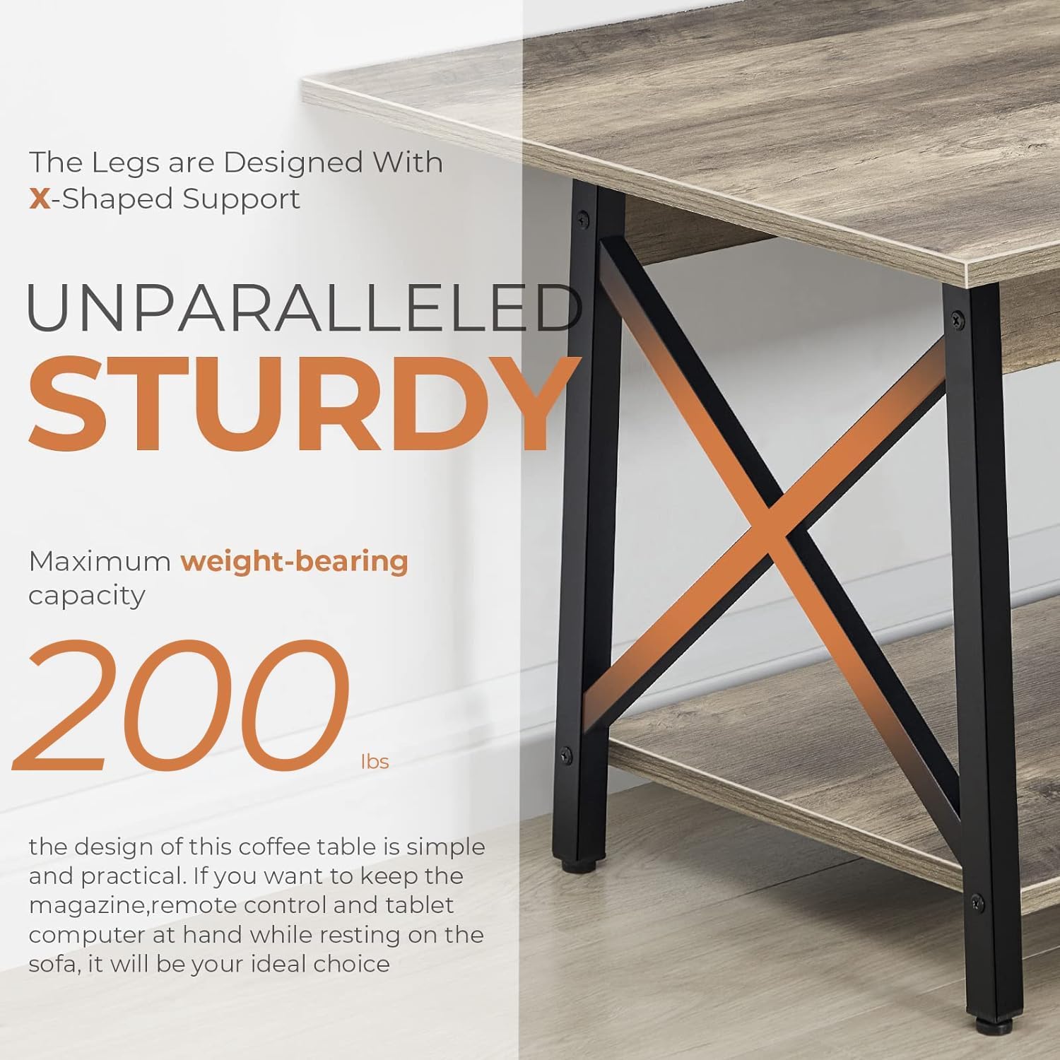 FURNIXI 39" Modern 2-Tier Coffee Table, Grey Wash X-Frame Farmhouse Living Room Table with Storage, Easy Assembly
