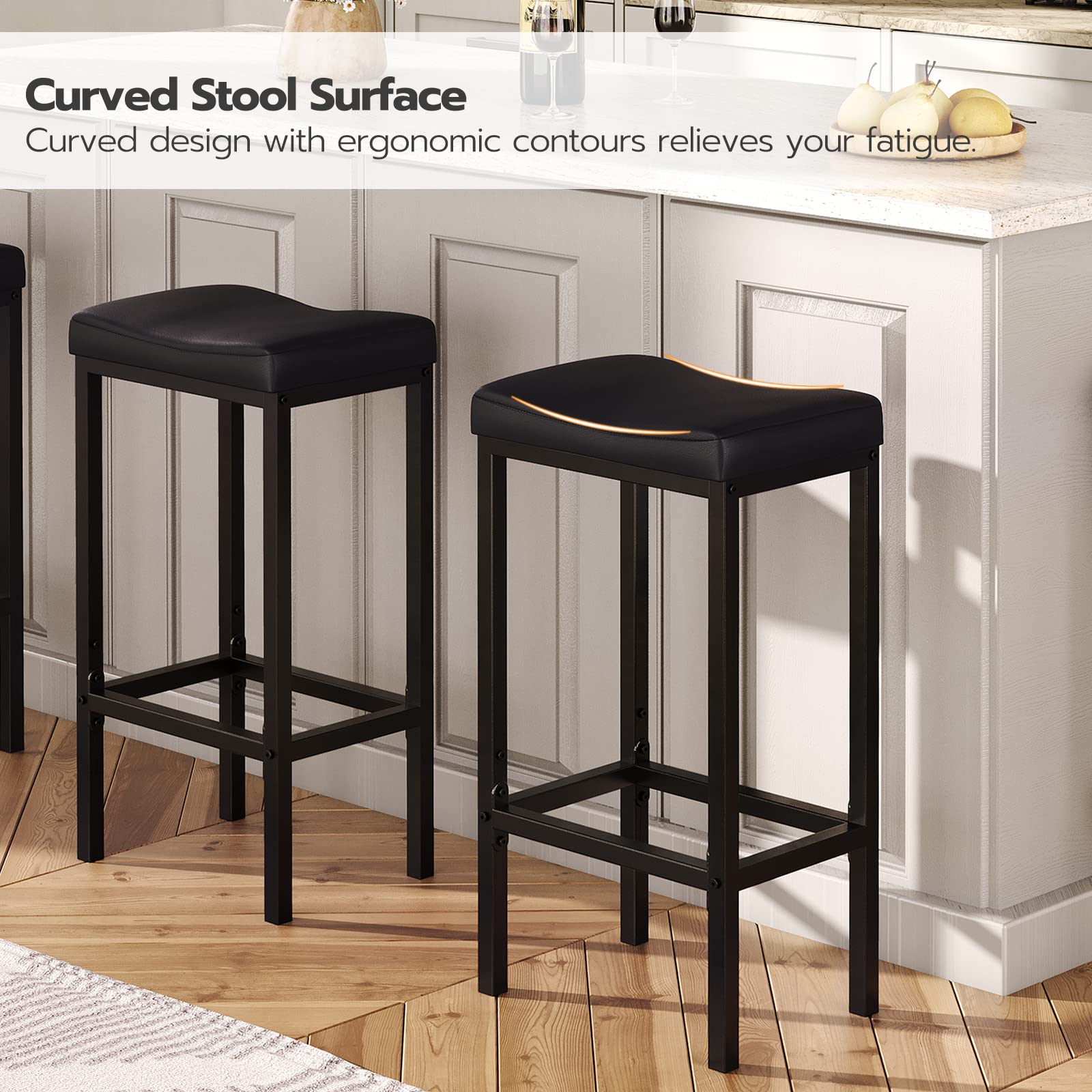 Bar Stools Set of 2, 24.8" Saddle Stools with Curved Seat & 2.4" Cushion, Counter Height Bar Chairs for Kitchen, Cafe, Black