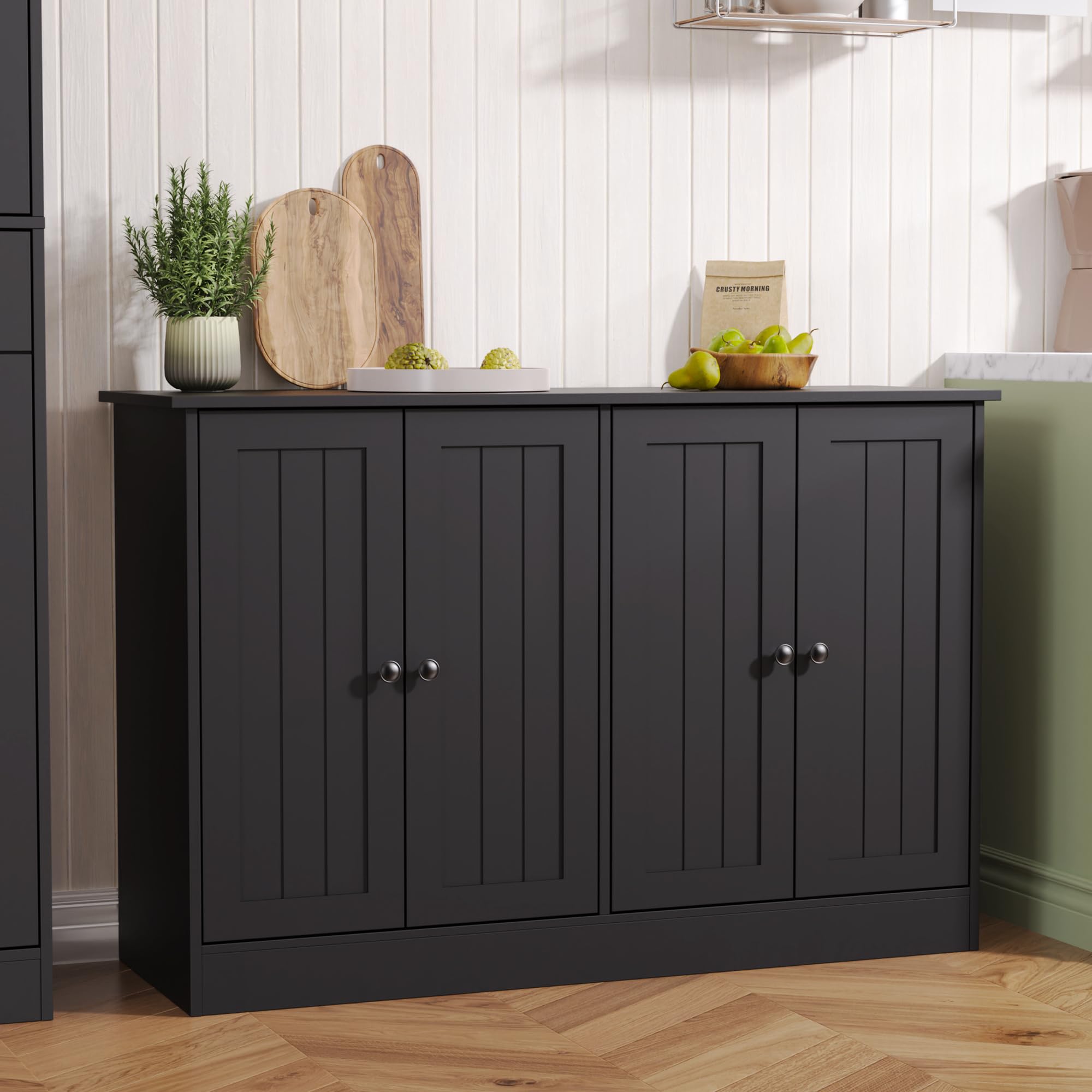 Sideboard Buffet Cabinet with Storage, 47" Black Wood Kitchen Cabinet with 4 Doors, Farmhouse Coffee Bar for Dining Room