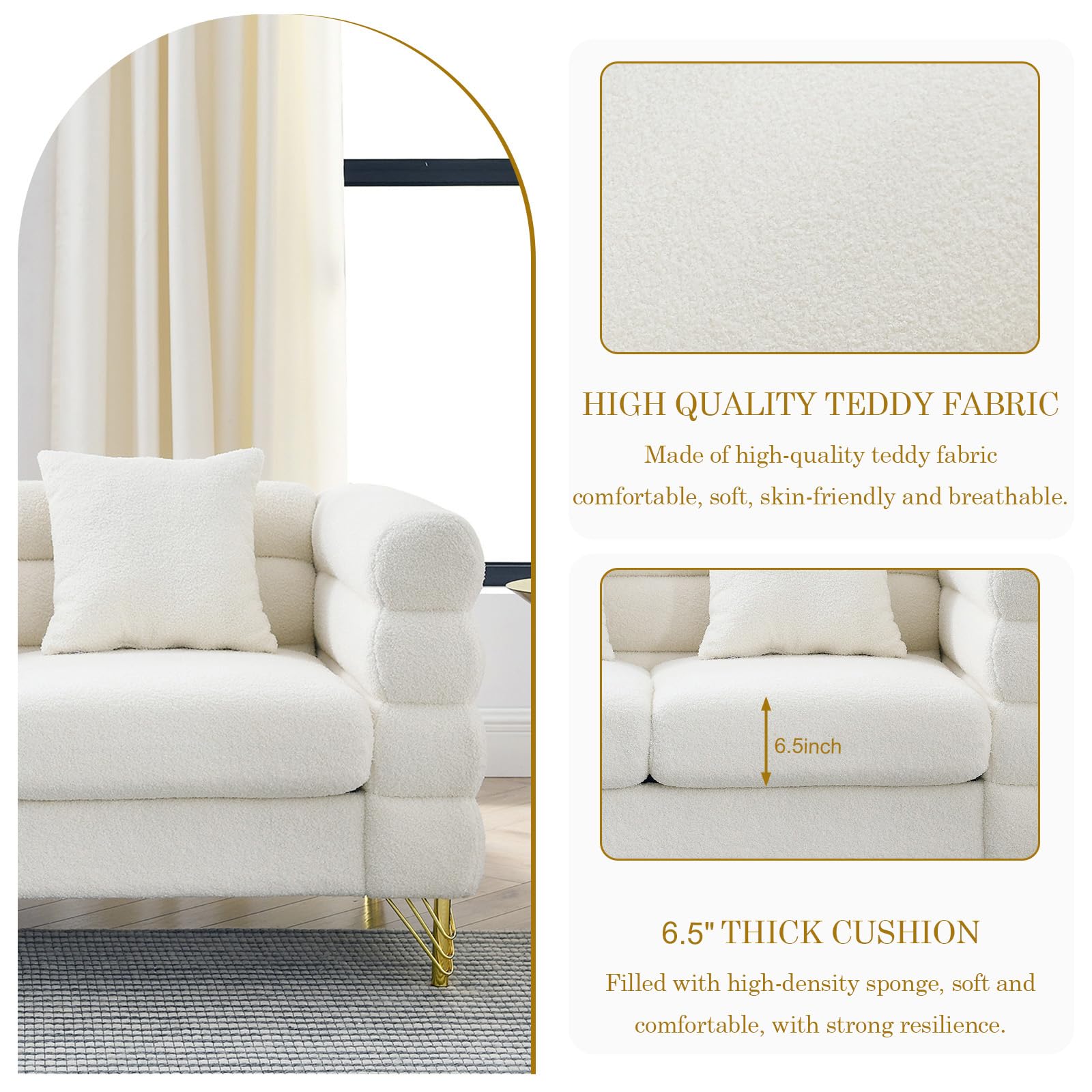Modern Sofa Couch, 81" W Teddy Bouclé Oversized Loveseat Cloud Sofa, Upholstered 3-Seater Comfy Deep Seat Couch with Gold Legs & Pillows for Living Room, Bedroom, Office, Apartment(White)