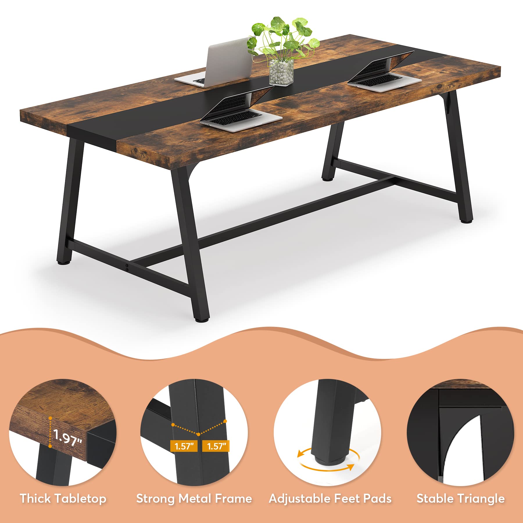 70.87" Industrial Dining Table, Large Rustic Brown Wood Kitchen Table with Metal Frame for Big Families
