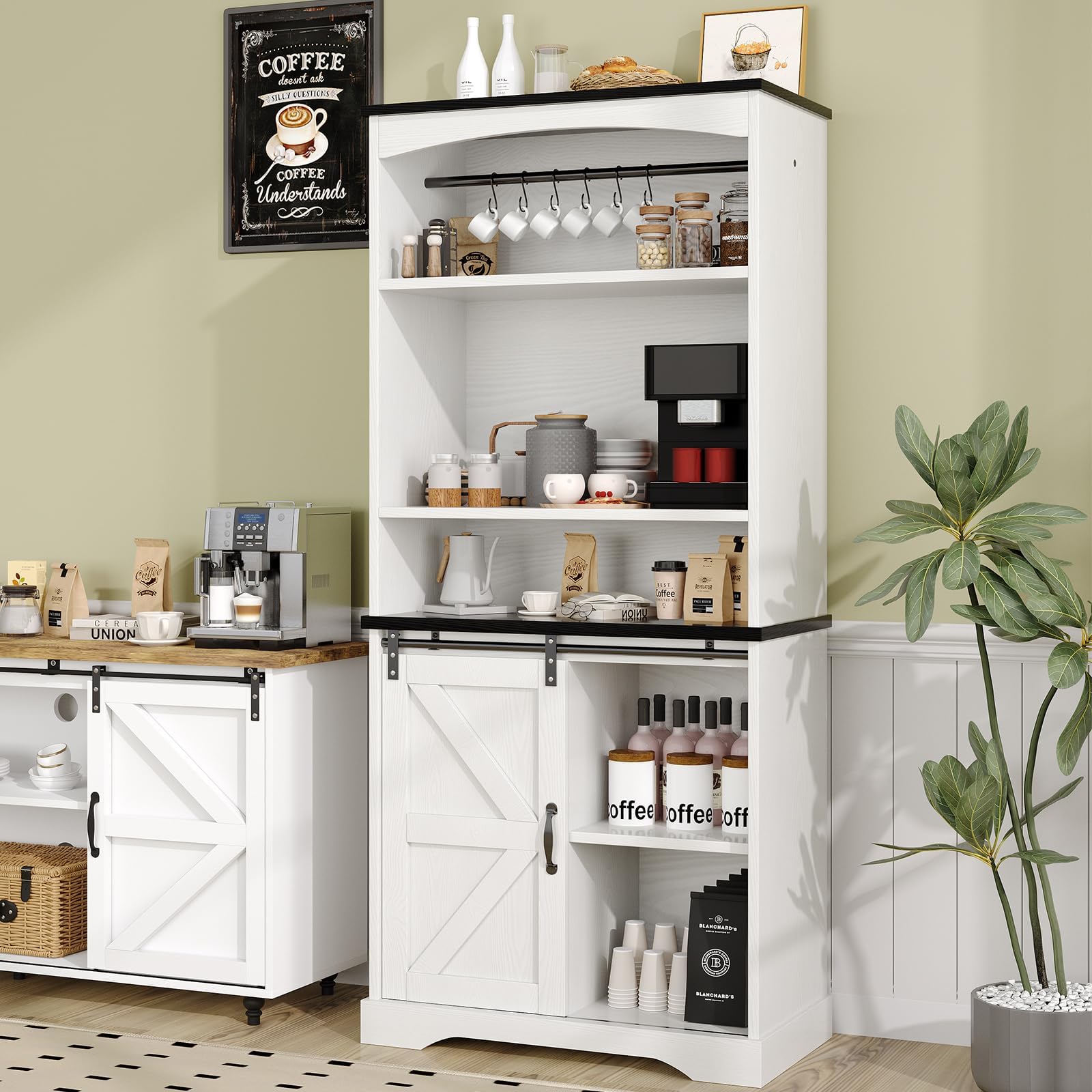 Farmhouse Coffee Bar Cabinet with Hutch, 70" White Buffet Cabinet with 3 Tier Shelves & Sliding Barn Door for Dining Room