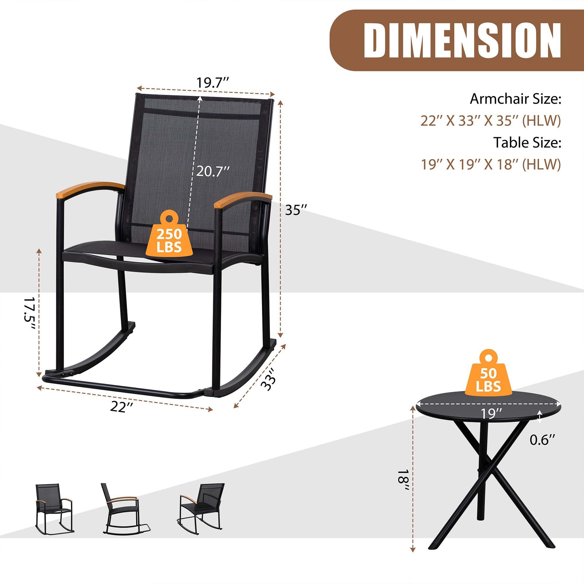 3-Piece Rocking Bistro Patio Set – Black Small Outdoor Table and Chairs Set for Porch, Balcony or Garden