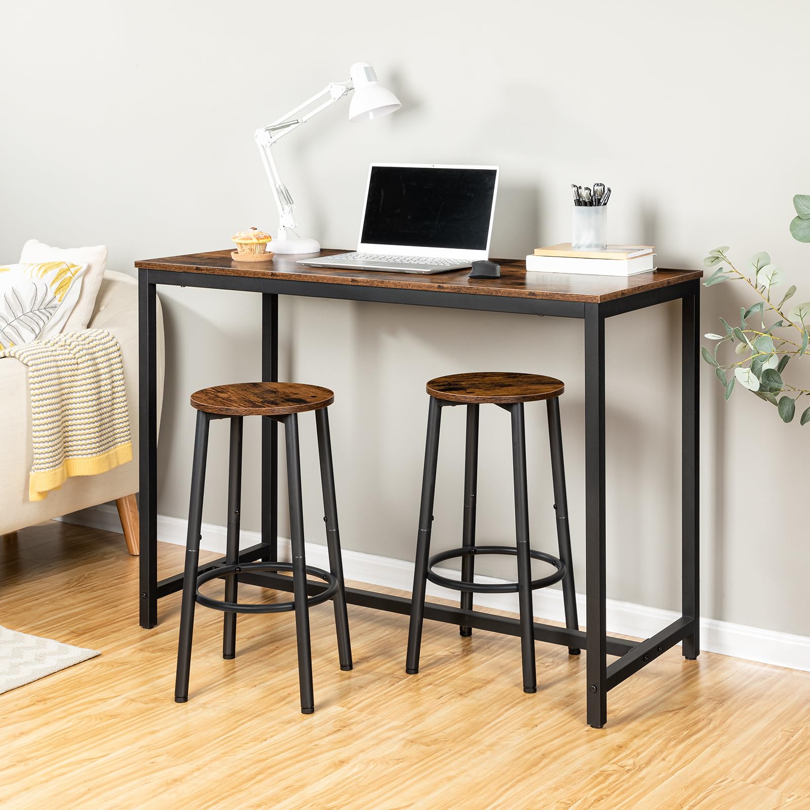 Bar Stools Set of 2, Round Counter Height Kitchen Stools with Footrest, Sturdy Steel Frame for Dining Room, Party, Rustic Brown