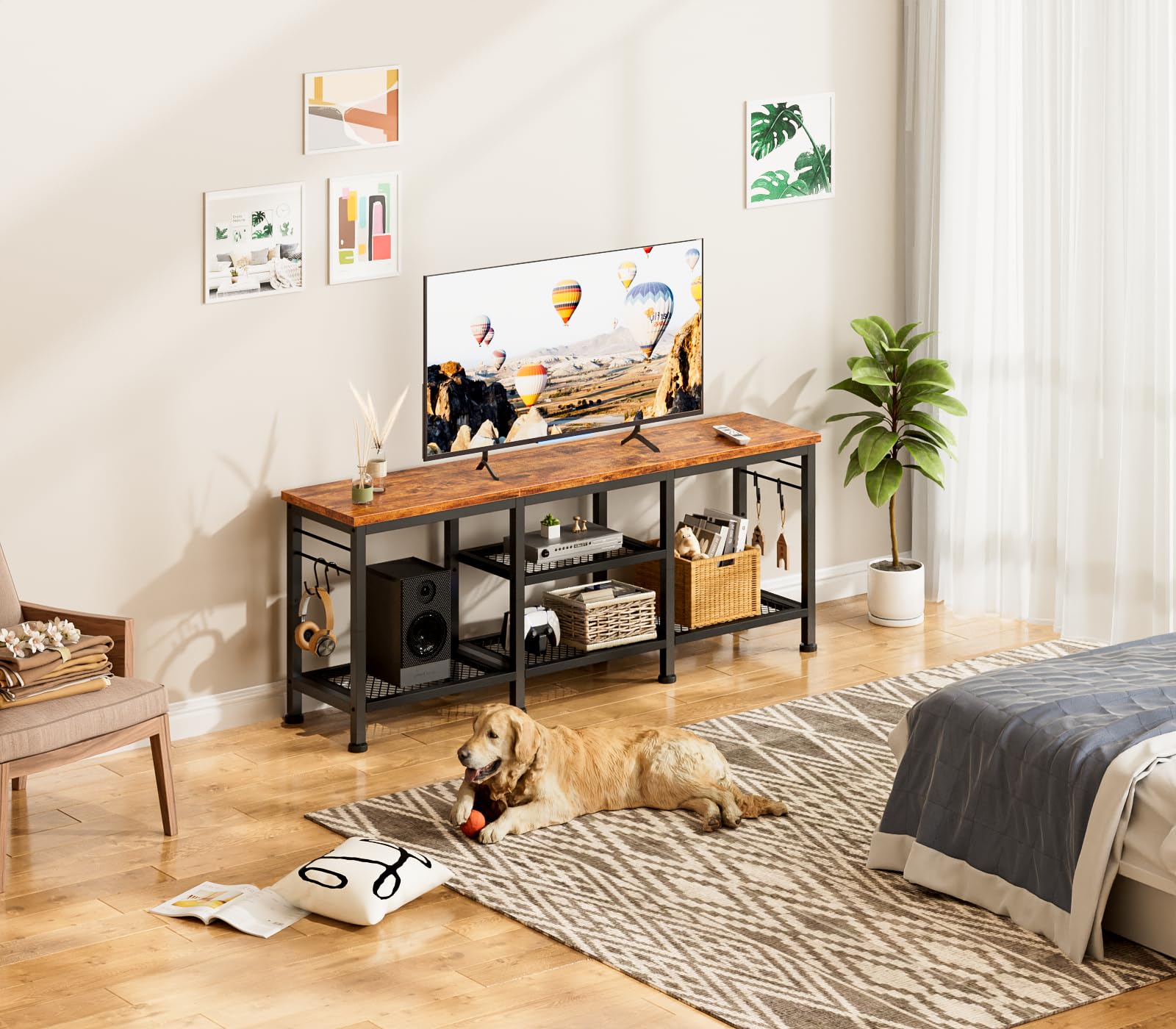 TV Stand for TVs up to 55" – Rustic Brown Media Console with Open Storage Shelves & Soundbar Shelf for Living Room or Bedroom