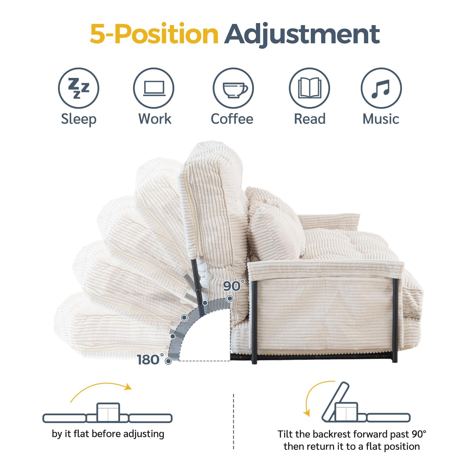 Adjustable Floor Sofa Bed with 2 Pillows, 5-Position Foldable Bean Bag Couch, Sleeper for Gaming, Reading, Beige