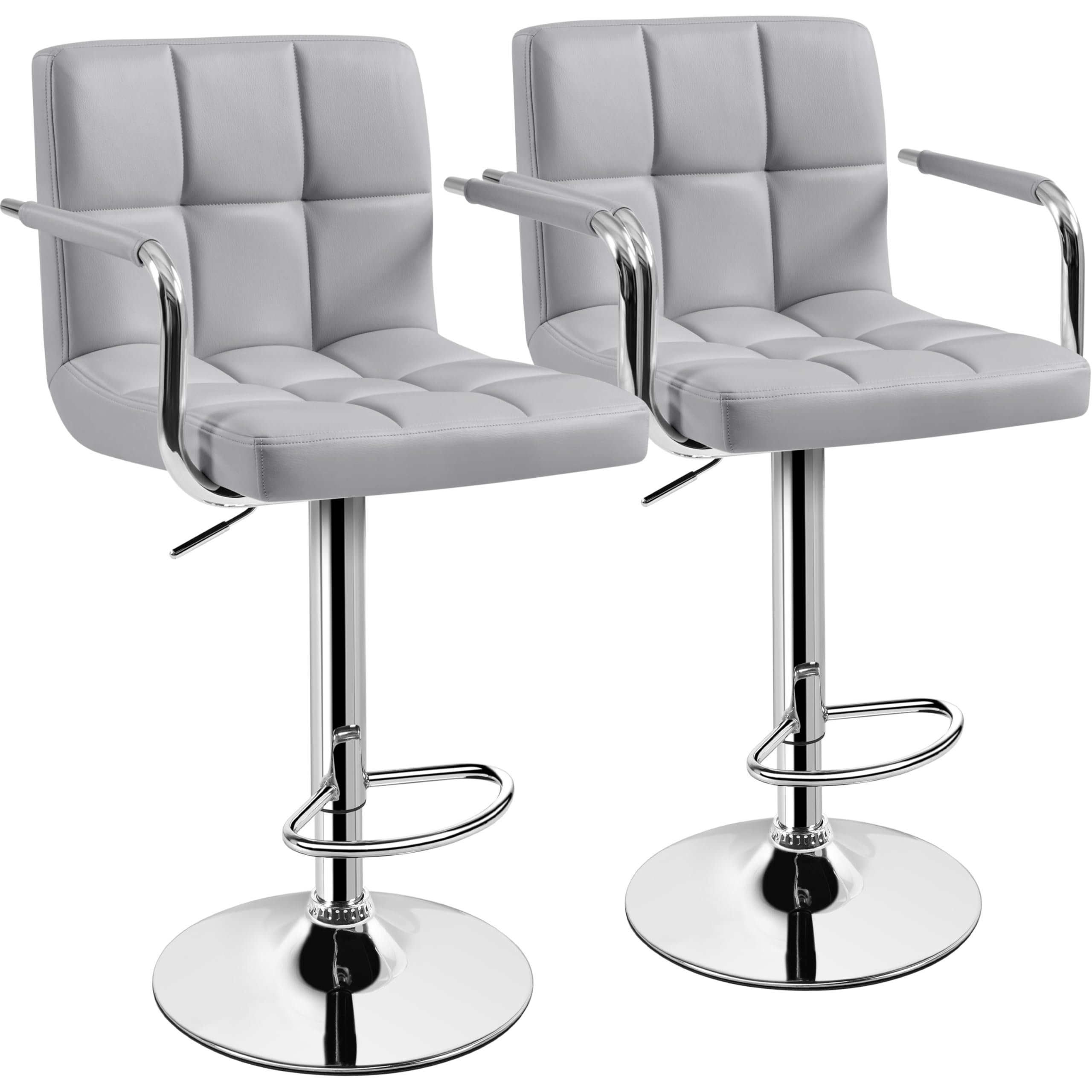 Bar Stools Set of 2, PU Leather Adjustable Swivel Bar Chairs with Back & Armrest, Counter Height Stools for Kitchen, Light Grey