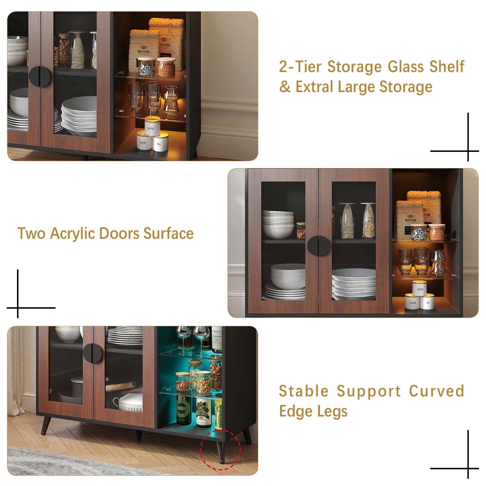 FURNIXI Sideboard Buffet Cabinet with Storage, Modern LED Coffee Bar Console with Glass Shelves & Acrylic Doors, for Dining Room