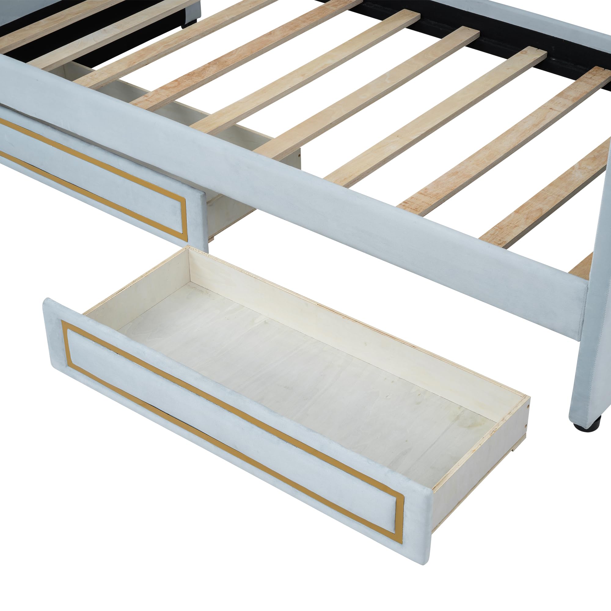 Upholstered Twin Daybed – Blue Trundle Bed with Metal Border, Storage Drawers, Wood Slats, No Box Spring Needed