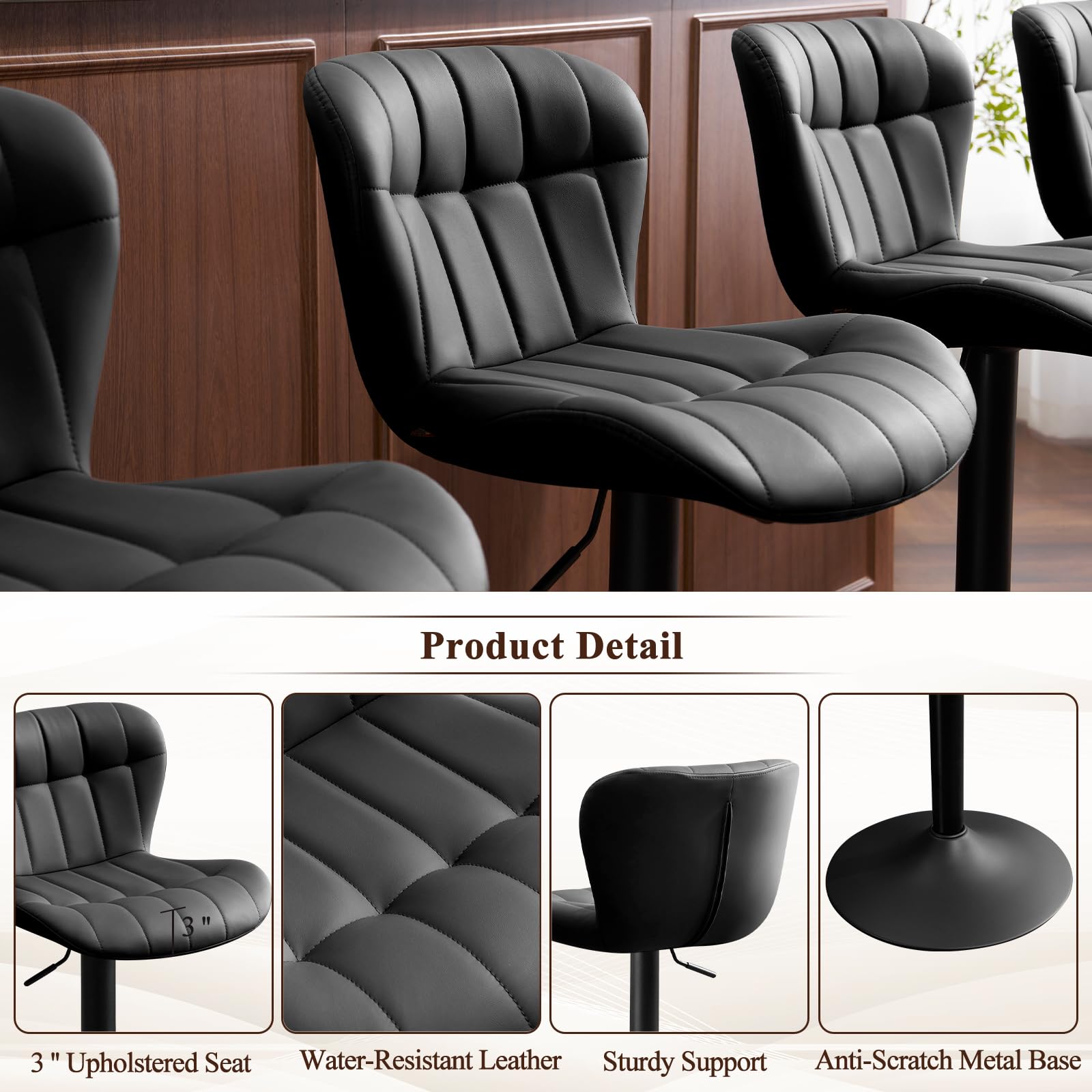 Modern Barstools Set of 2, Faux Leather Swivel Bar Stools with Backs for Kitchen Island, Upholstered Bar Height Chairs, Black