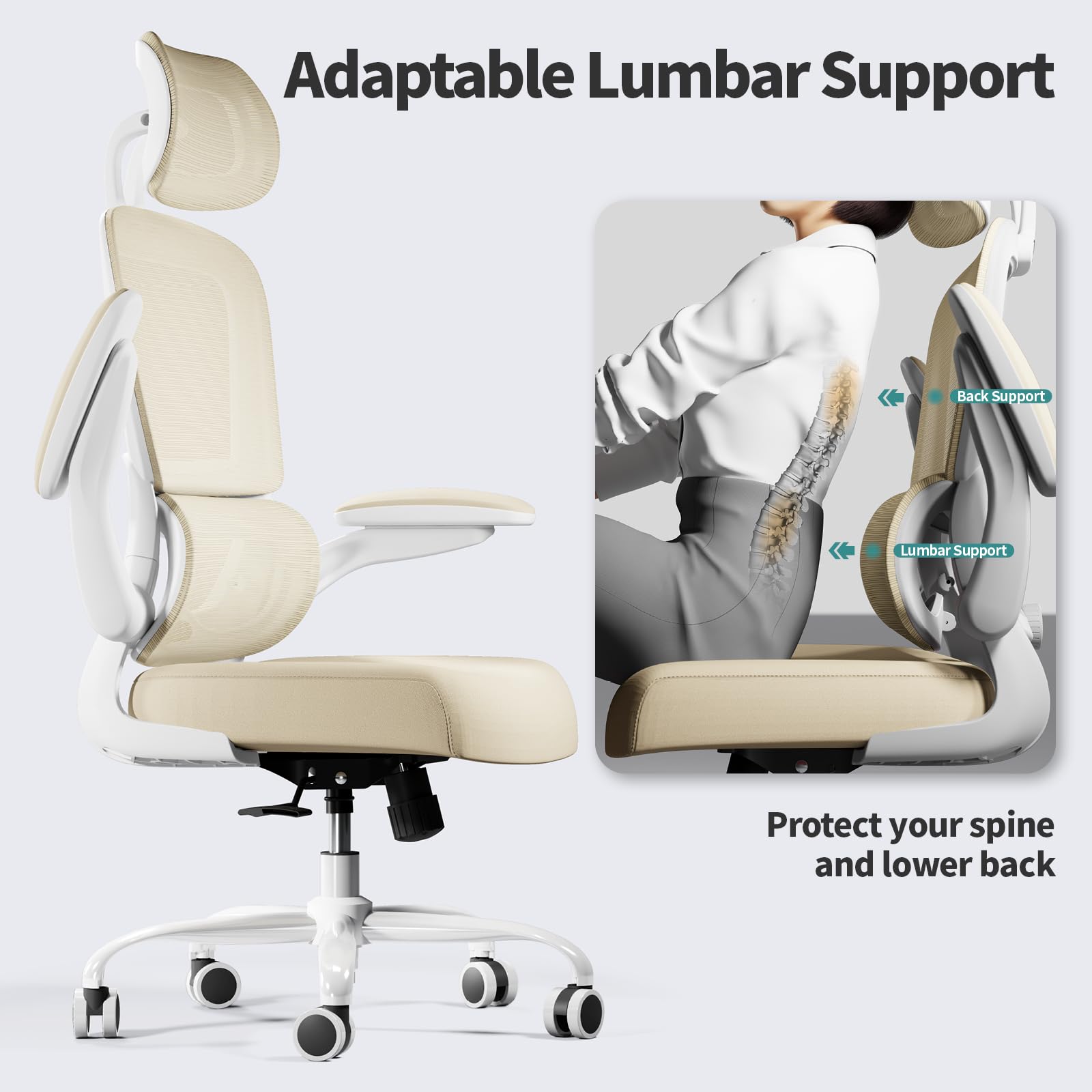 330 LBS Ergonomic Mesh Office Chair, High-Back Desk Chair with Wheels for Long Hours Work, Beige