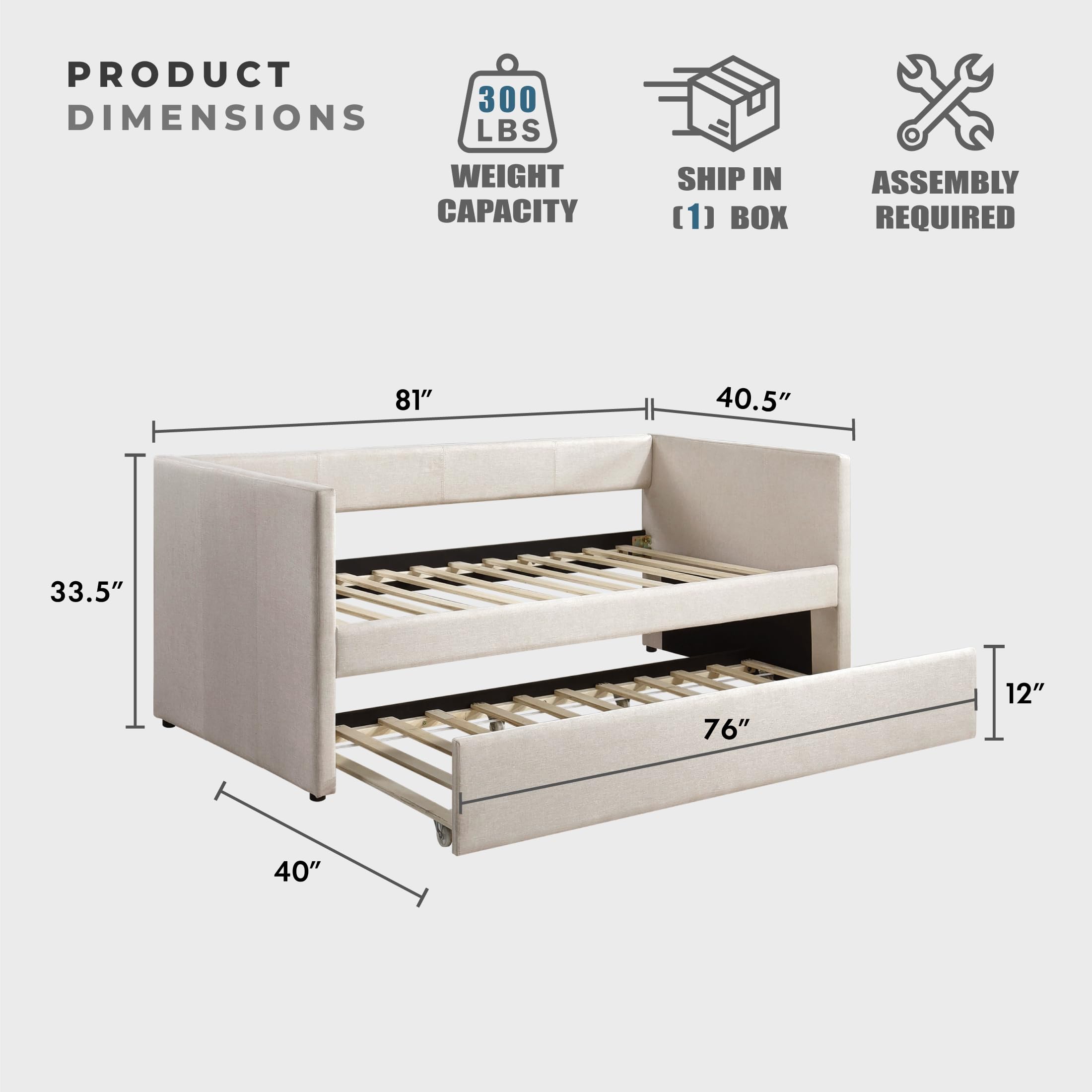 Upholstered Twin Daybed with Trundle – Beige Sofa Bed with Wood Slats for Bedroom, Guest Room, No Box Spring Needed