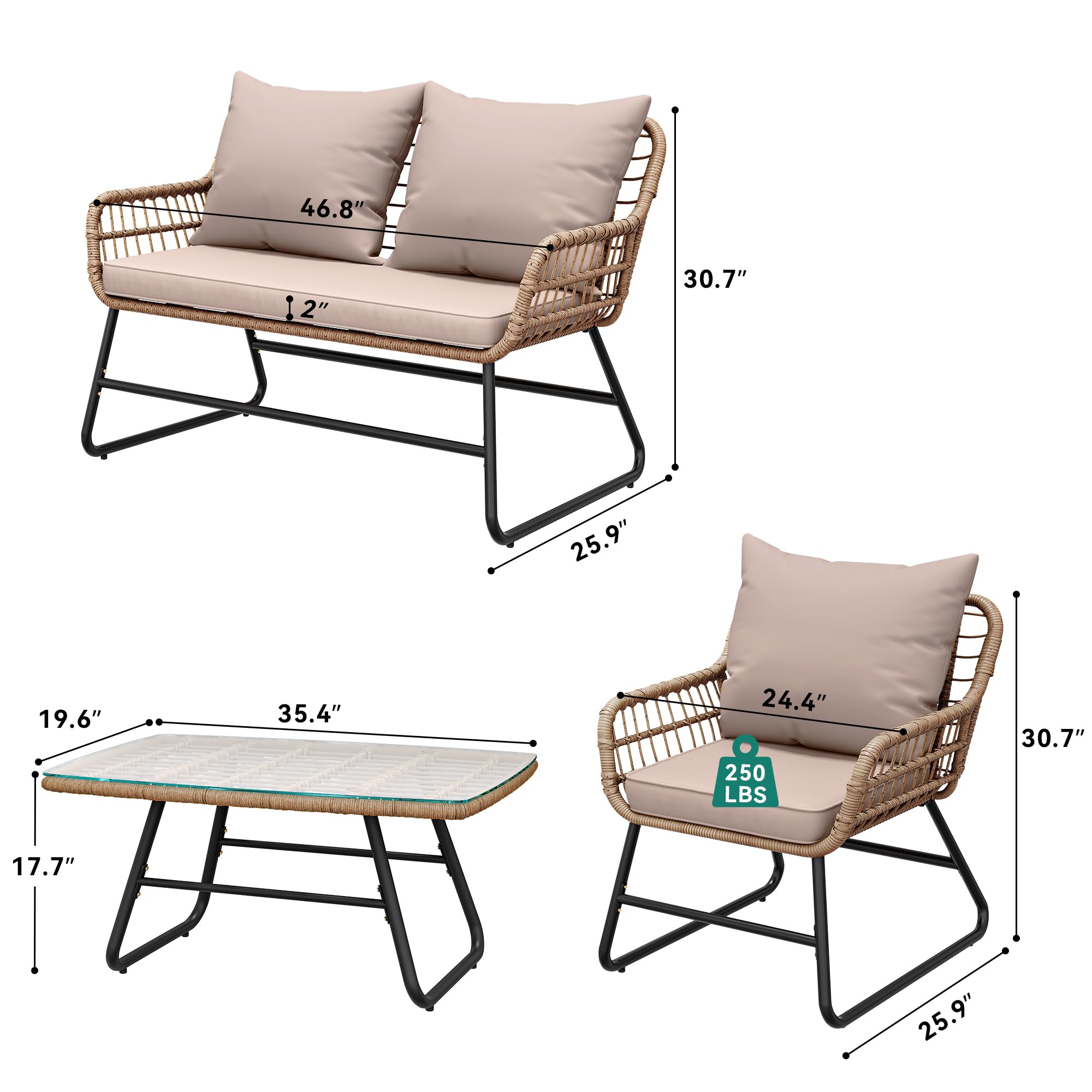 4-Piece Rattan Patio Set – Beige Outdoor Furniture with Soft Cushions & Side Table for Balcony or Backyard