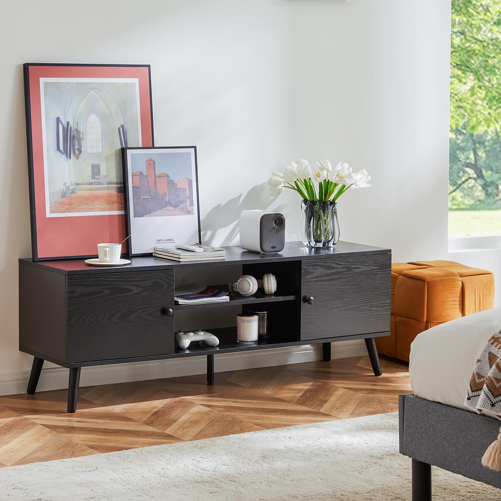 TV Stand for 55–60" TVs – Mid-Century Modern Entertainment Console with Cabinets, Storage, Soft Hinges, Black Finish