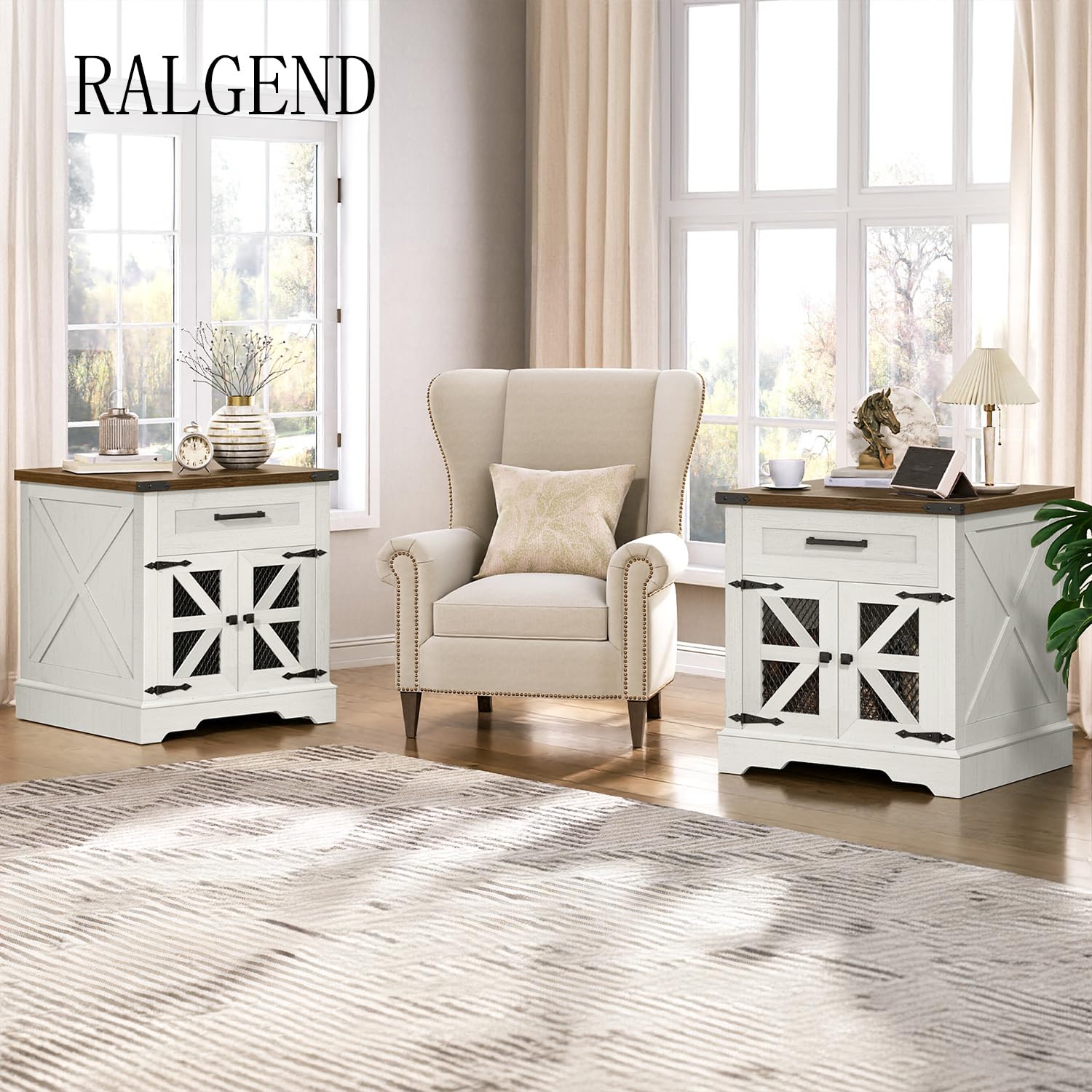 White Farmhouse End Table Set of 2, Large Square Sofa Side Table with Drawer & Charging Station
