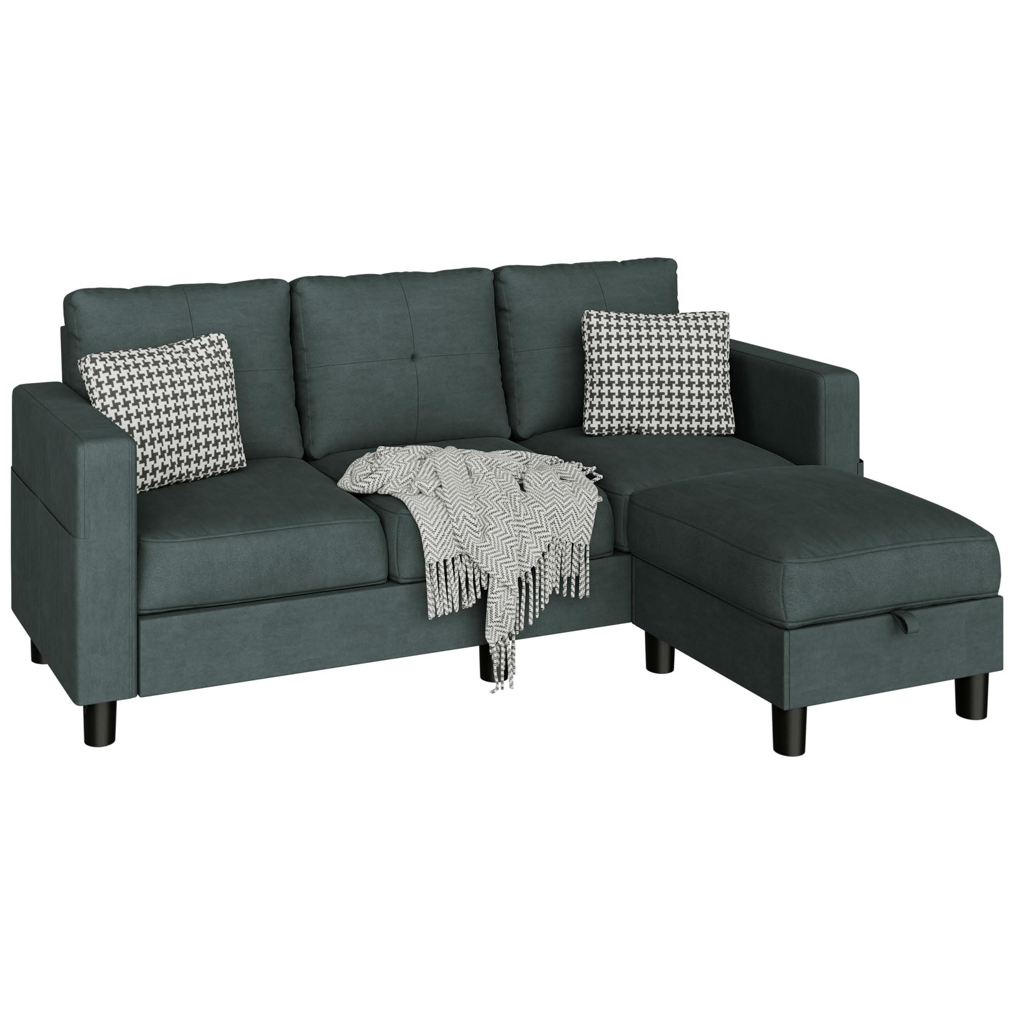 L-Shaped Convertible Sectional Sofa with Ottoman, Green 3-Seater Couch for Apartment, Office, Small Living Room