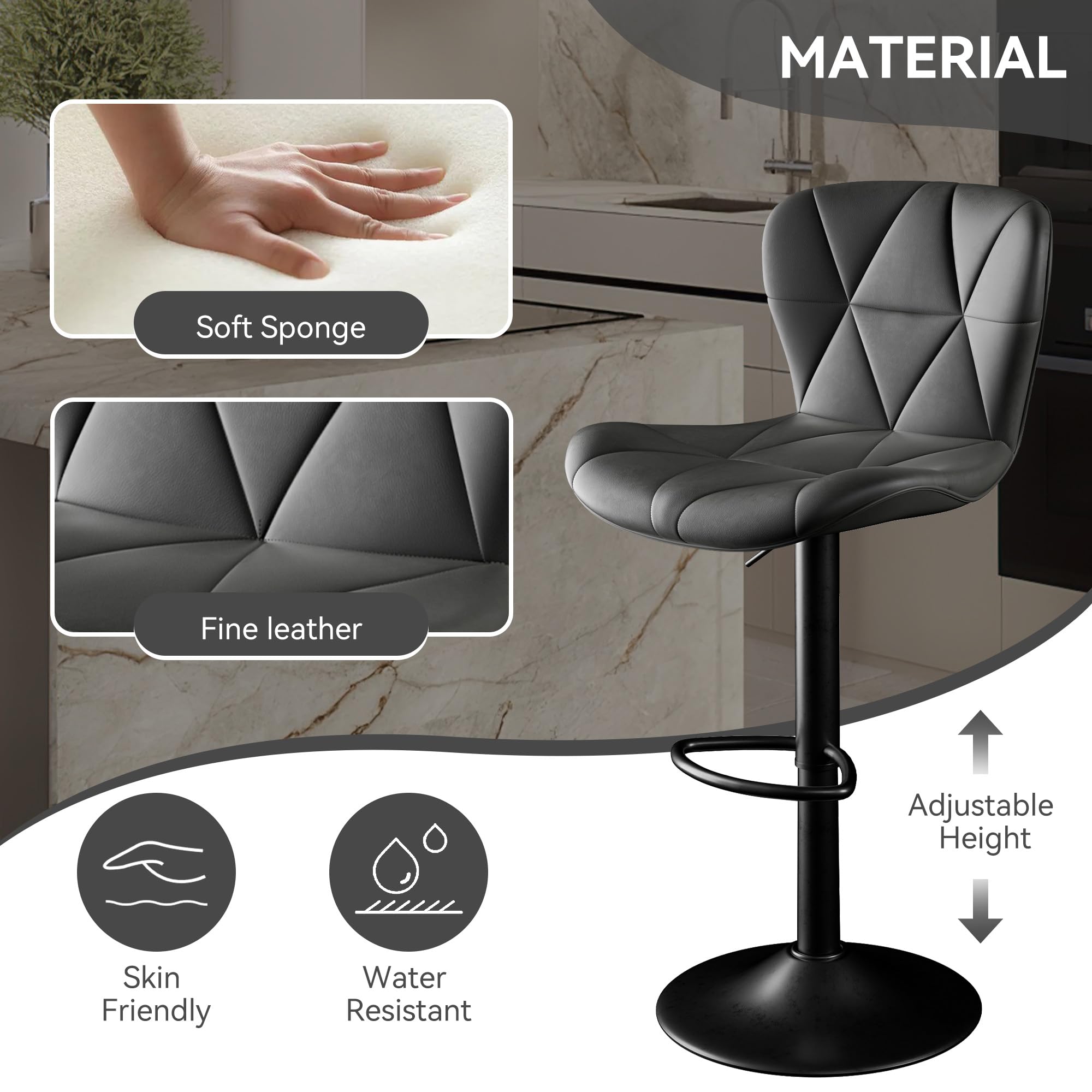 Bar Stools Set of 2, Adjustable Faux Leather Swivel Bar Chairs with High Backrest, Upholstered Counter Seats for Kitchen, Black