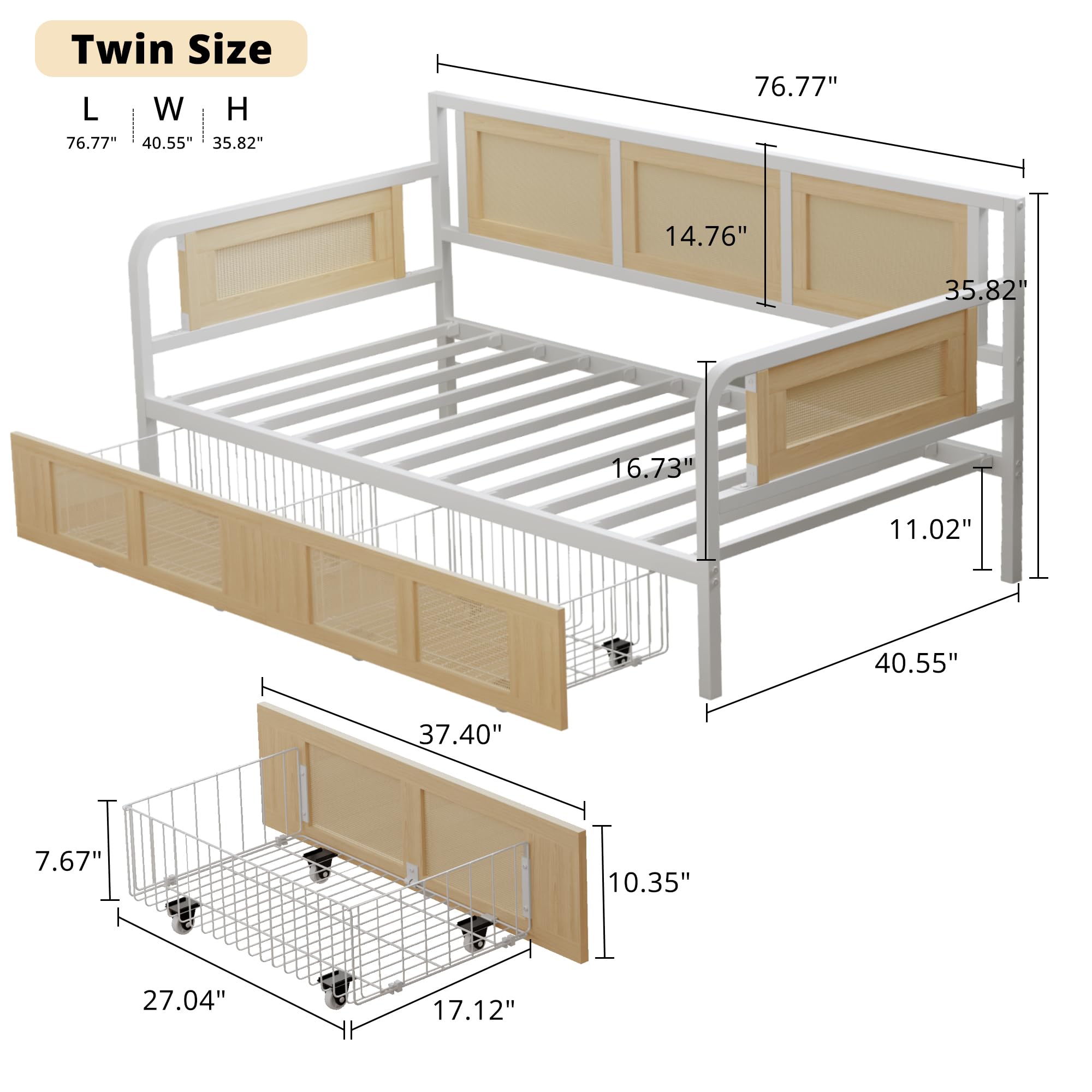 Twin Rattan Daybed – Stylish Corner Day Bed Frame with Storage Drawers for Living Room, Bedroom or Guest Room