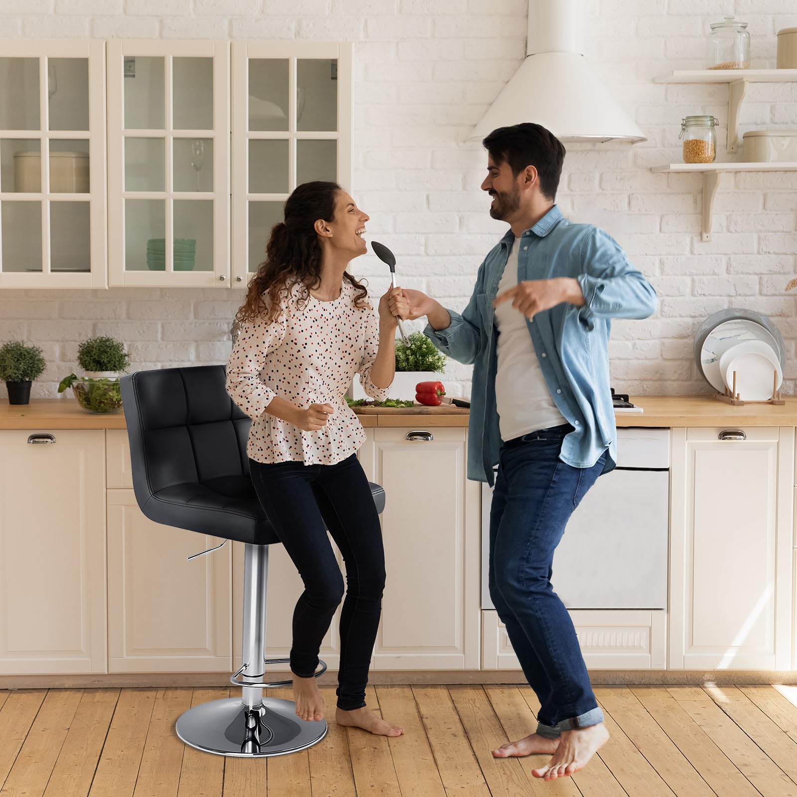 Bar Stools Set of 4, 24" PU Leather Saddle Stools with Metal Base, Counter Height Modern Bar Chairs for Kitchen Island, Black