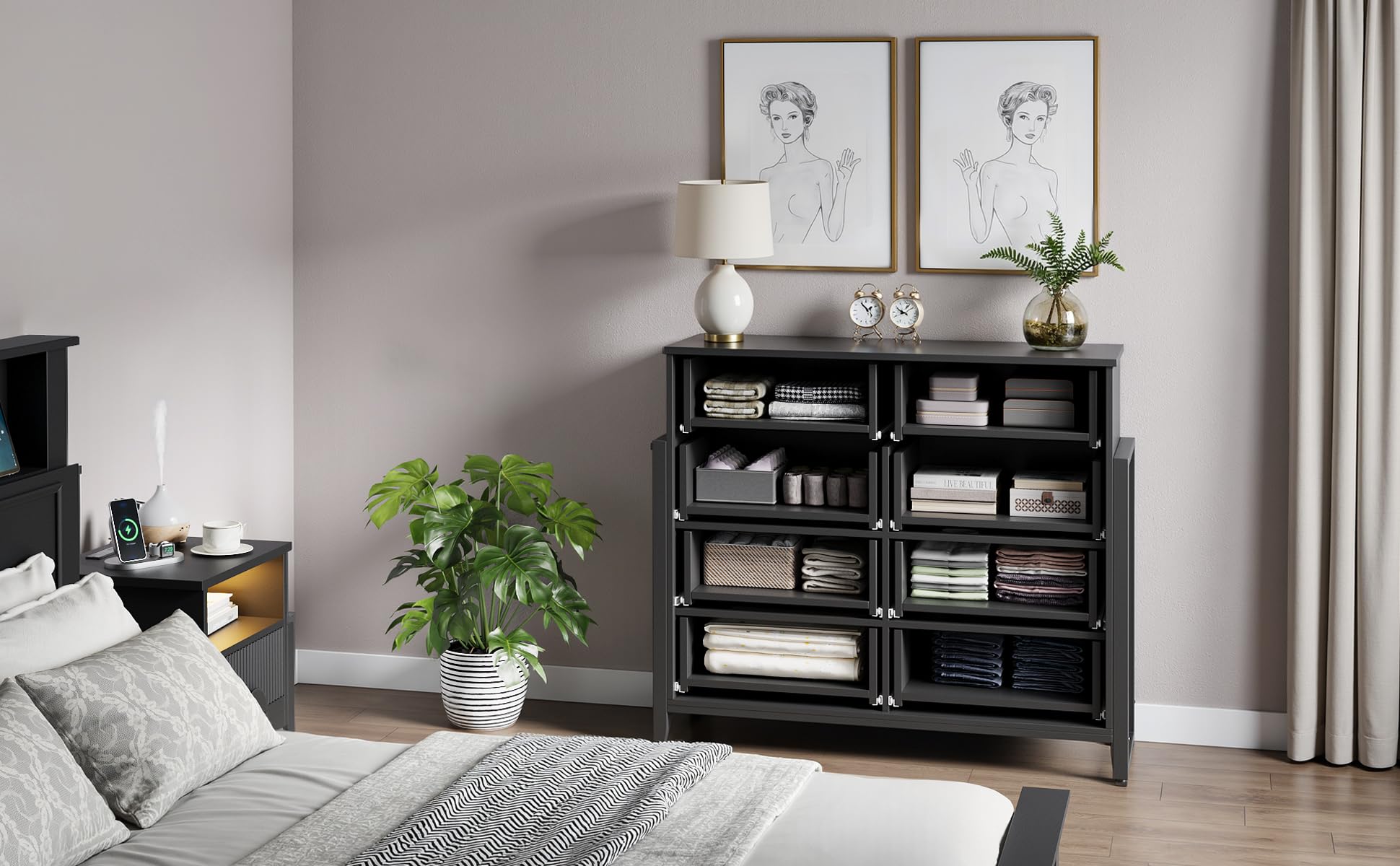 50" Fluted Black Dresser – Modern 8-Drawer Bedroom Chest with Curved Profile, Round Handles & Raised H-Legs