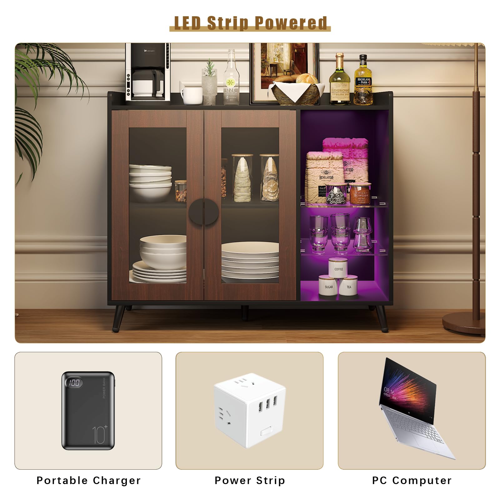FURNIXI Sideboard Buffet Cabinet with Storage, Modern LED Coffee Bar Console with Glass Shelves & Acrylic Doors, for Dining Room