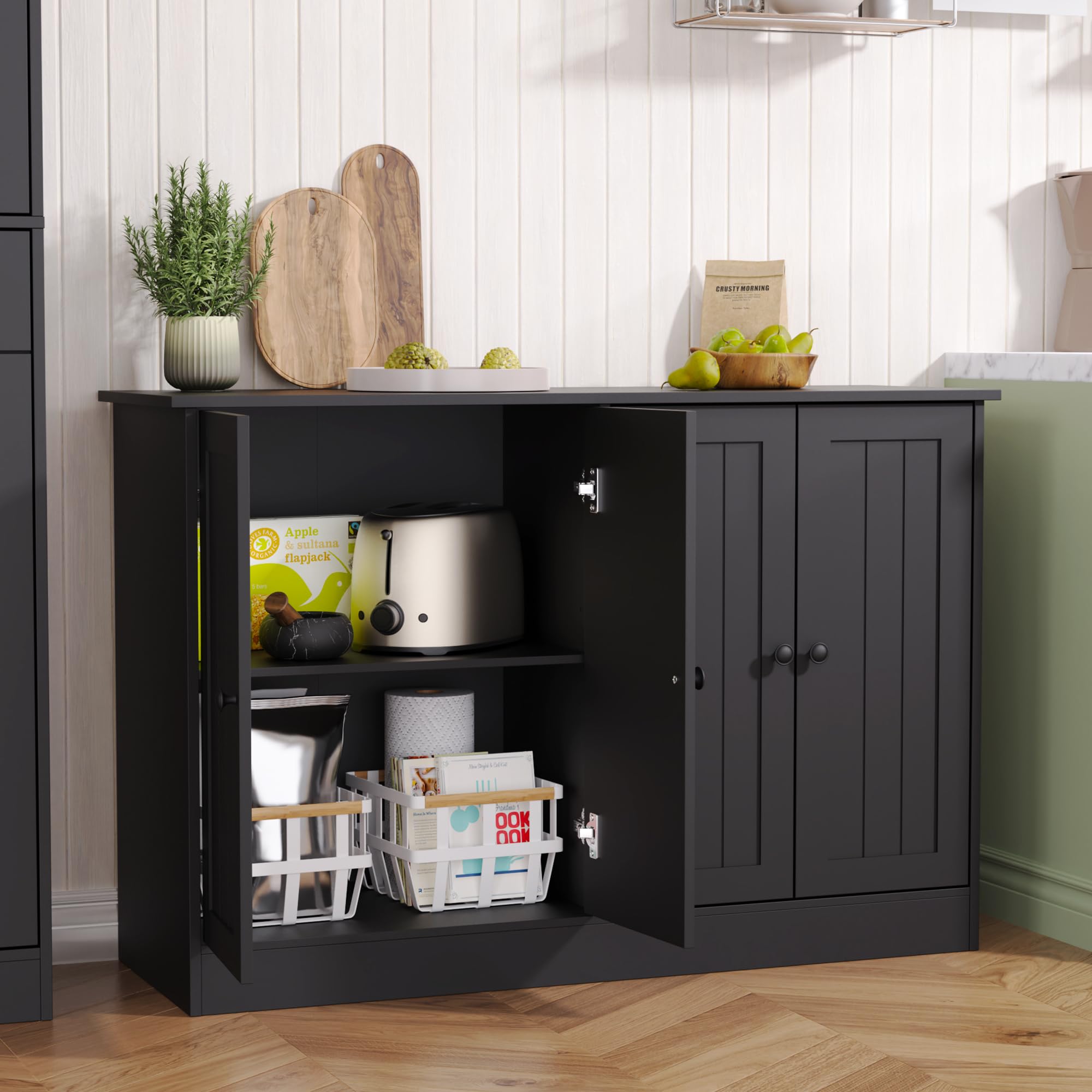 Sideboard Buffet Cabinet with Storage, 47" Black Wood Kitchen Cabinet with 4 Doors, Farmhouse Coffee Bar for Dining Room