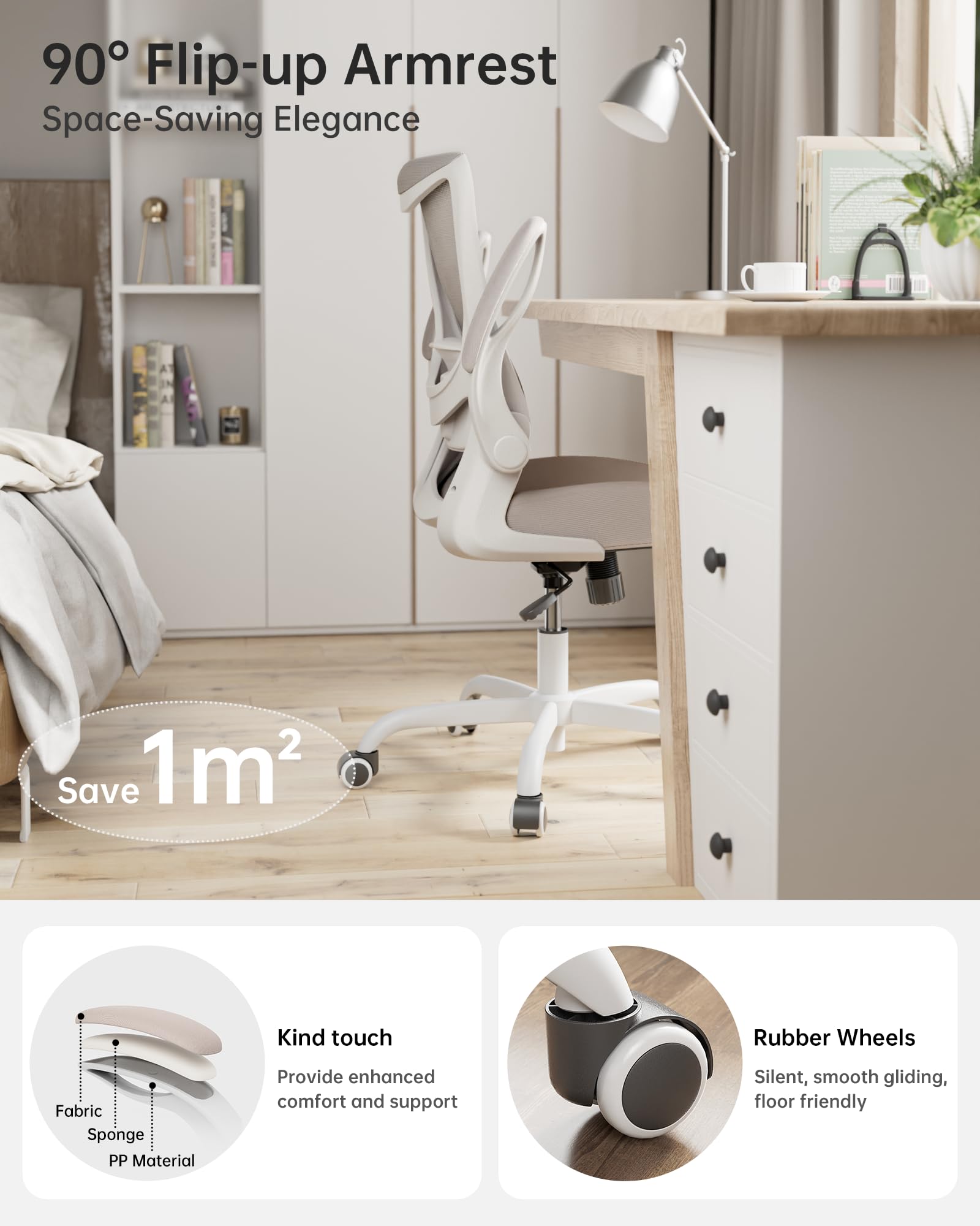 Ergonomic Office Desk Chair with Flip-Up Arms, Adjustable Lumbar, Breathable Mesh Computer Chair, Khaki
