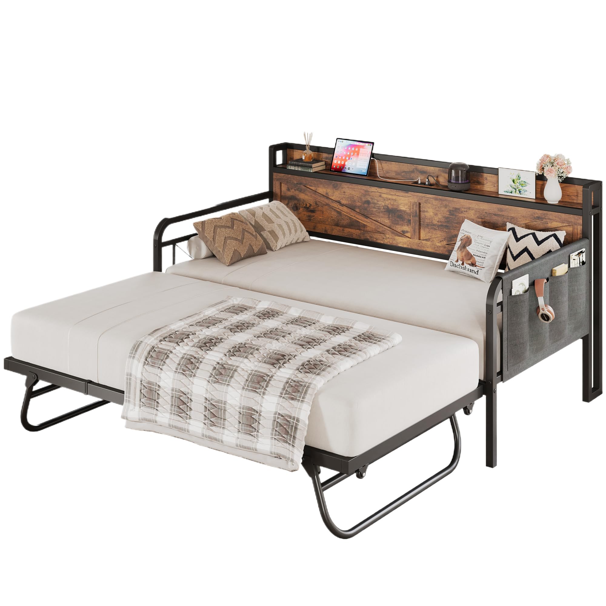 Twin Daybed with Trundle – Brown Industrial Sofa Bed with Storage Headboard & Charging Station for Bedroom or Guest Room